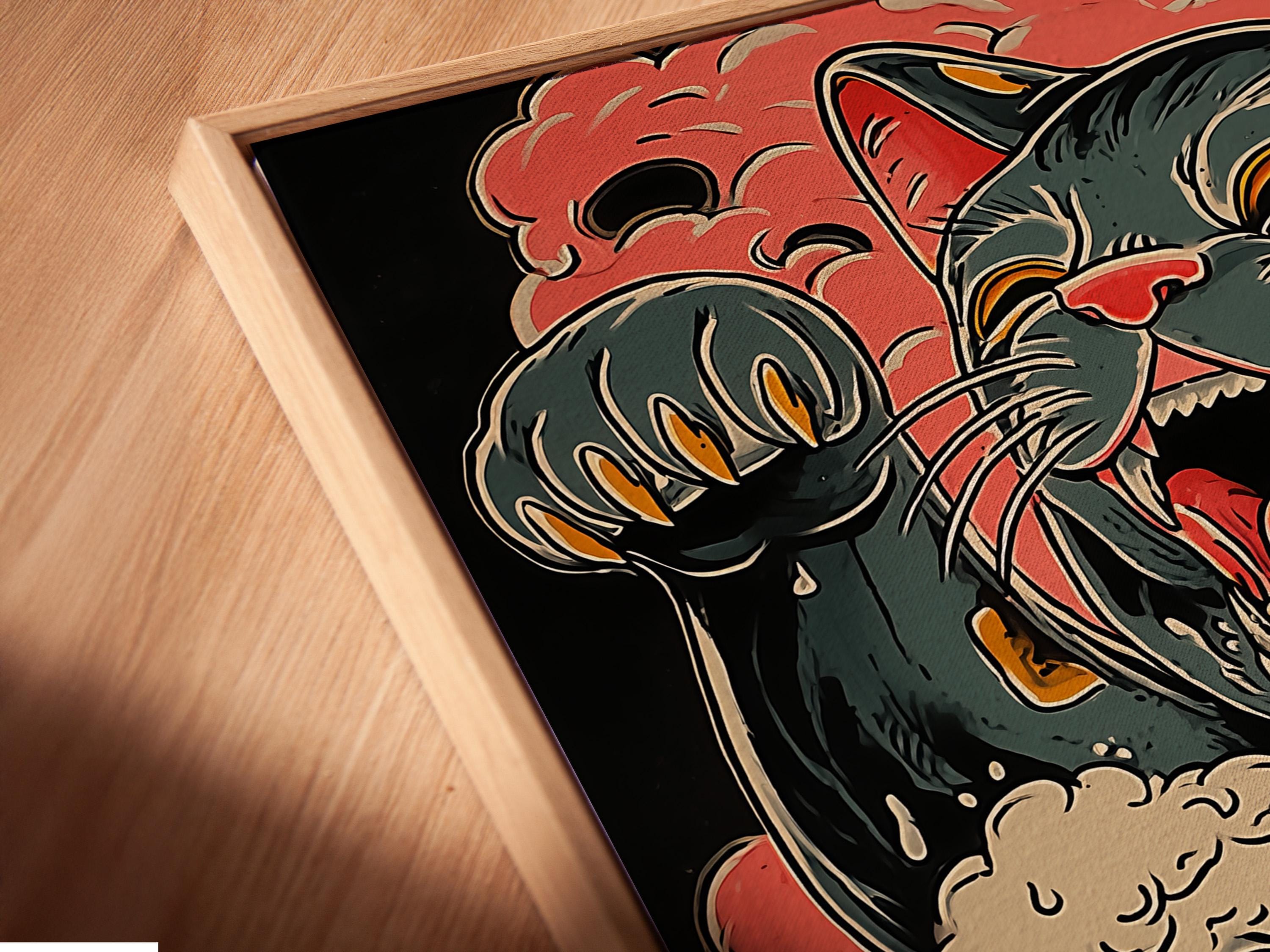 Stylised retro cat illustration with red cloud shapes and orange foamy splash details detail view
