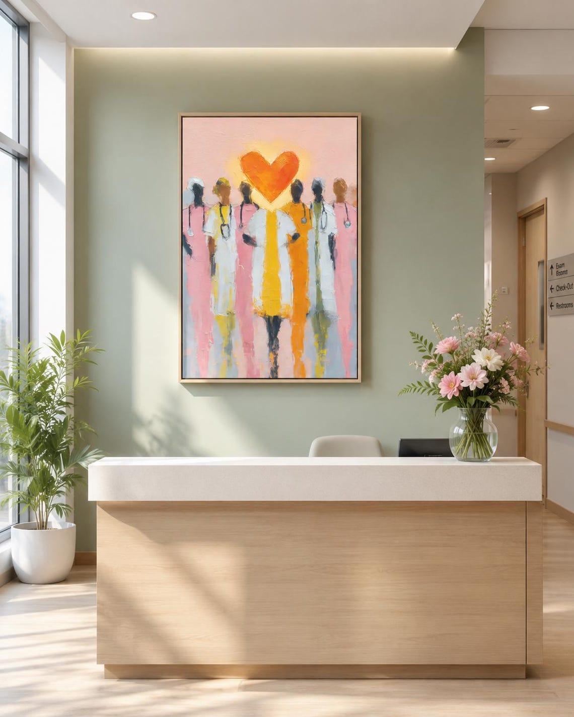 Orange heart above stylised healthcare worker figures on a pink painterly background detail view