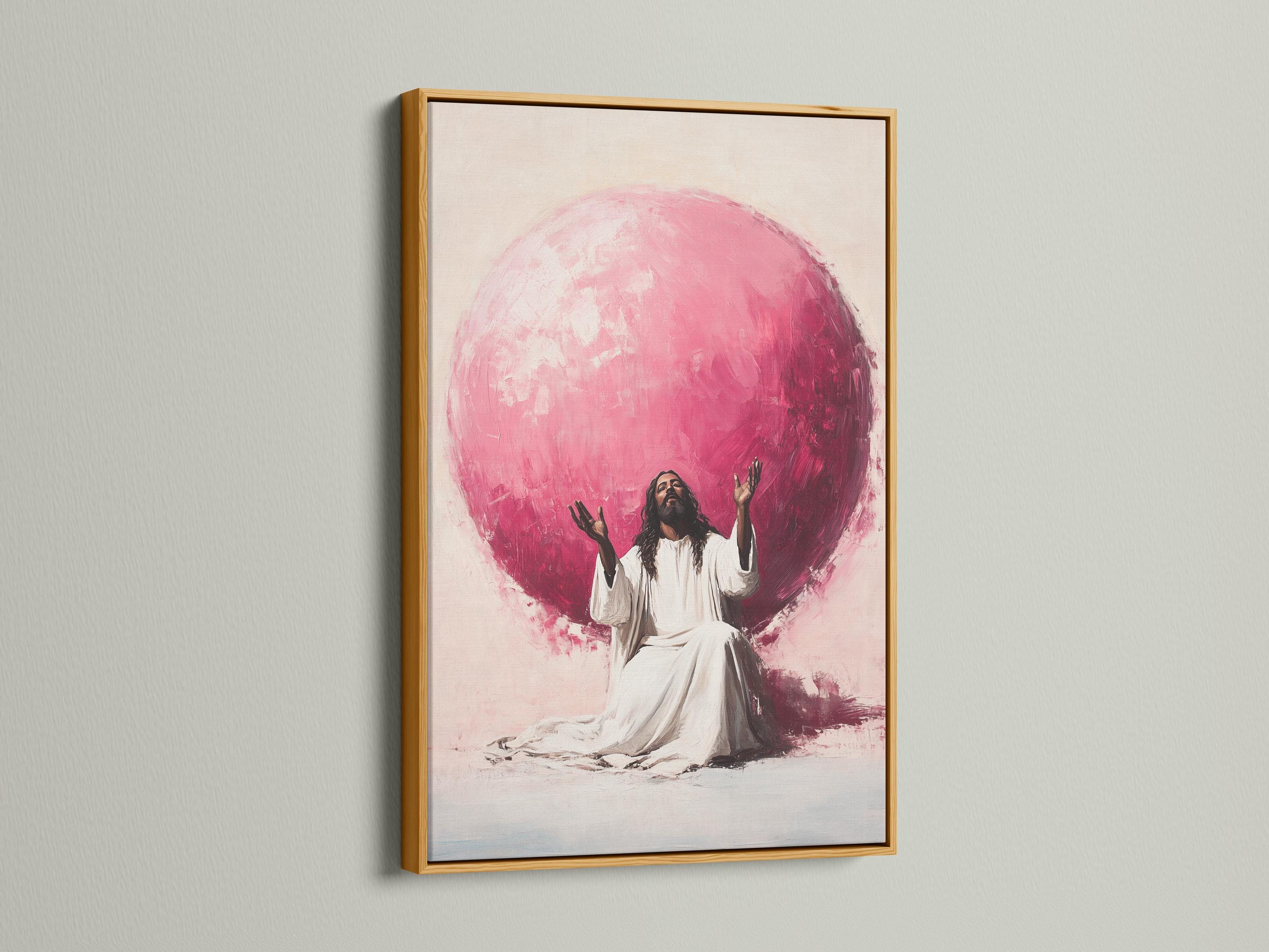 Seated robed figure with raised hands beneath a large glowing pink orb on a beige background detail view