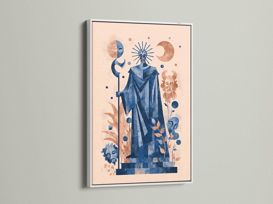 Celestial blue and sage figure with sunburst halo, crescent moons and botanical leaves detail view