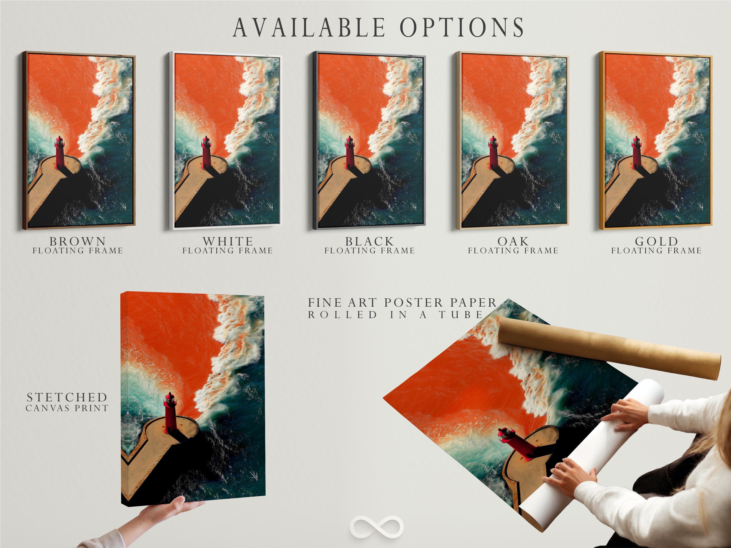 Red lighthouse on a curved pier with teal ocean waves and white foam detail view