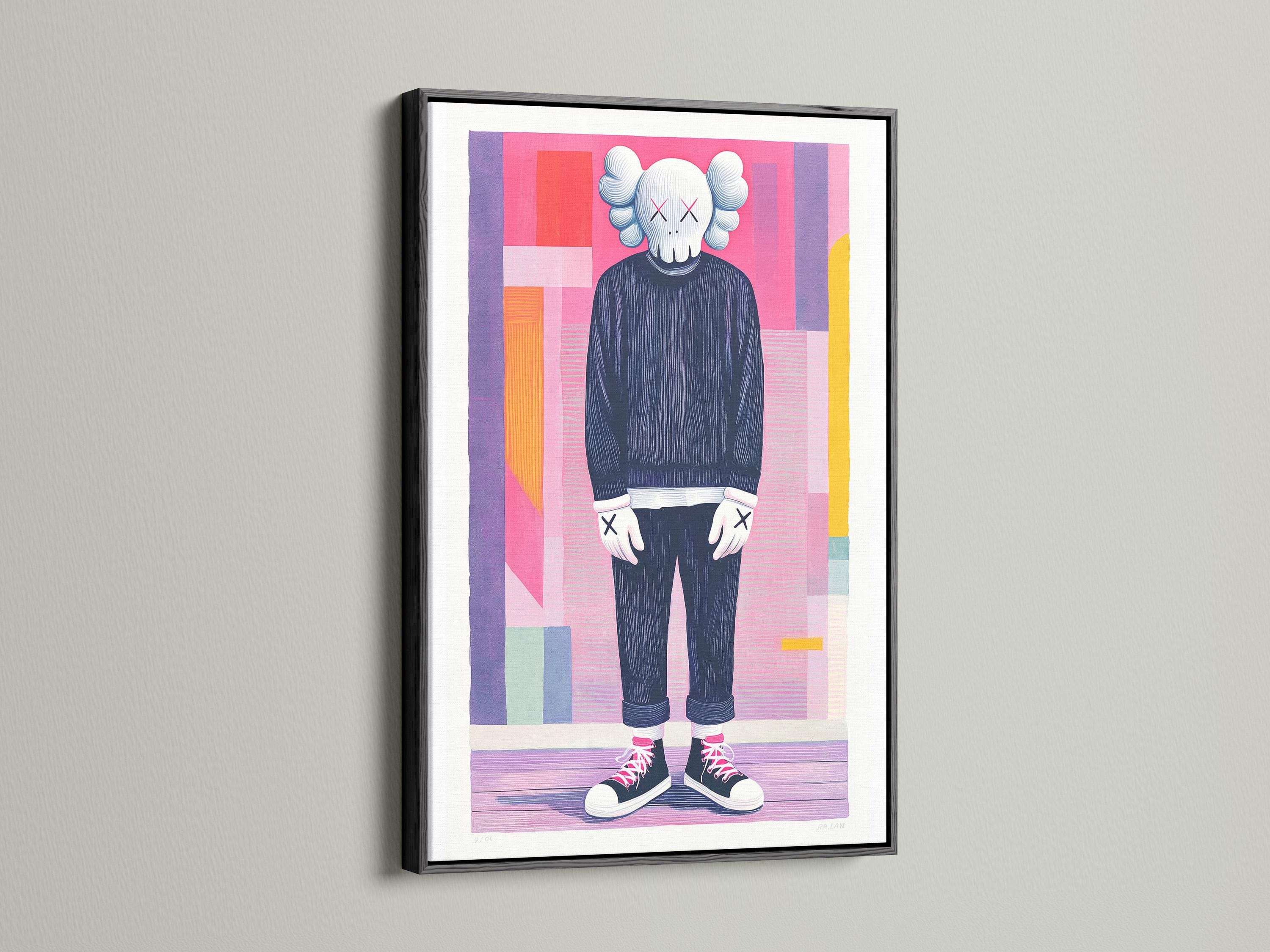Room mockup showing a framed artwork with a pop-art figure and pink and purple geometric background