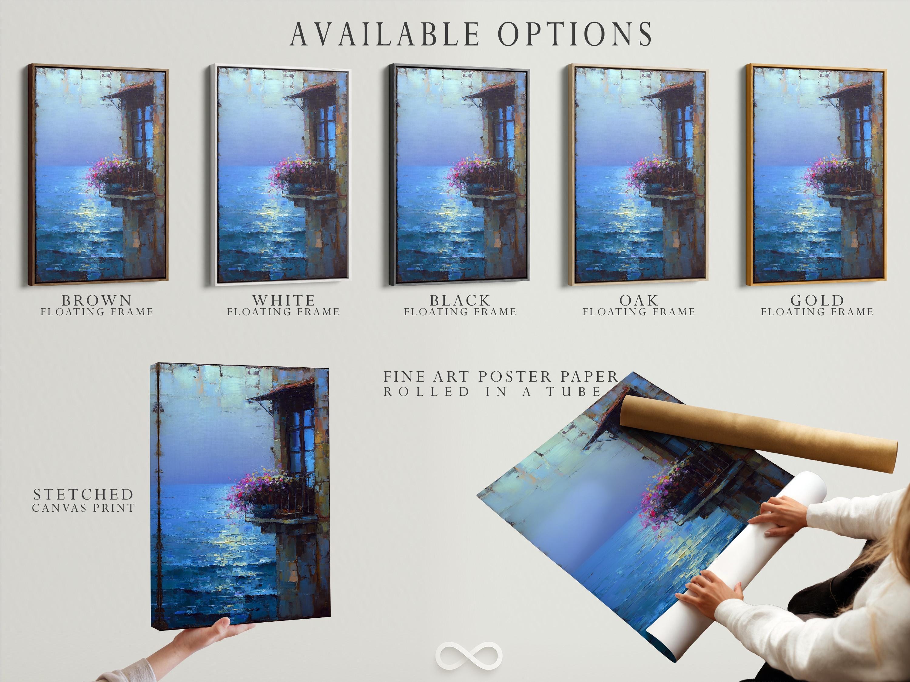 Room mockup showing a framed blue seascape artwork with pink flowers