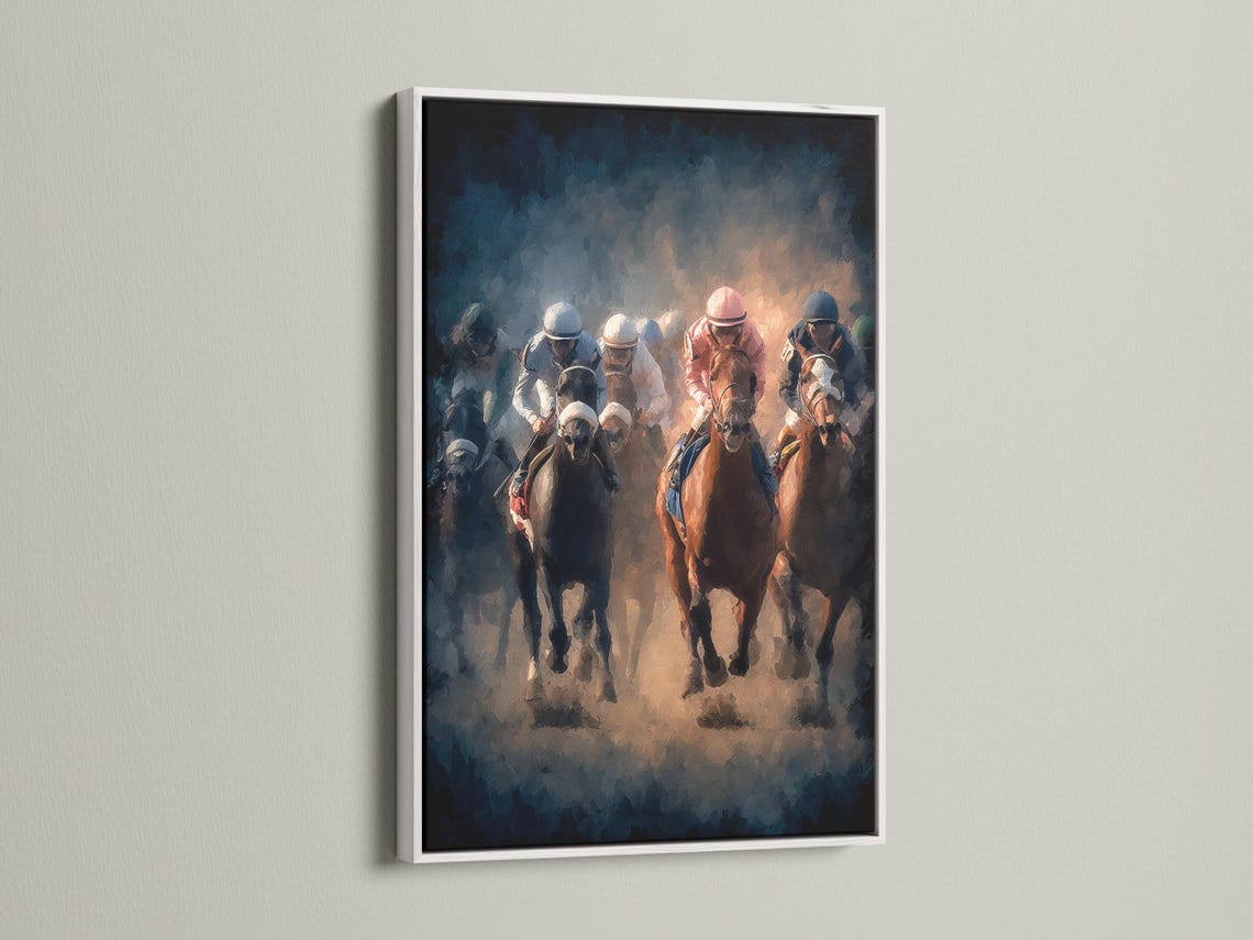 Horse racing artwork showing jockeys riding racehorses in smoky blue haze with warm orange highlights detail view