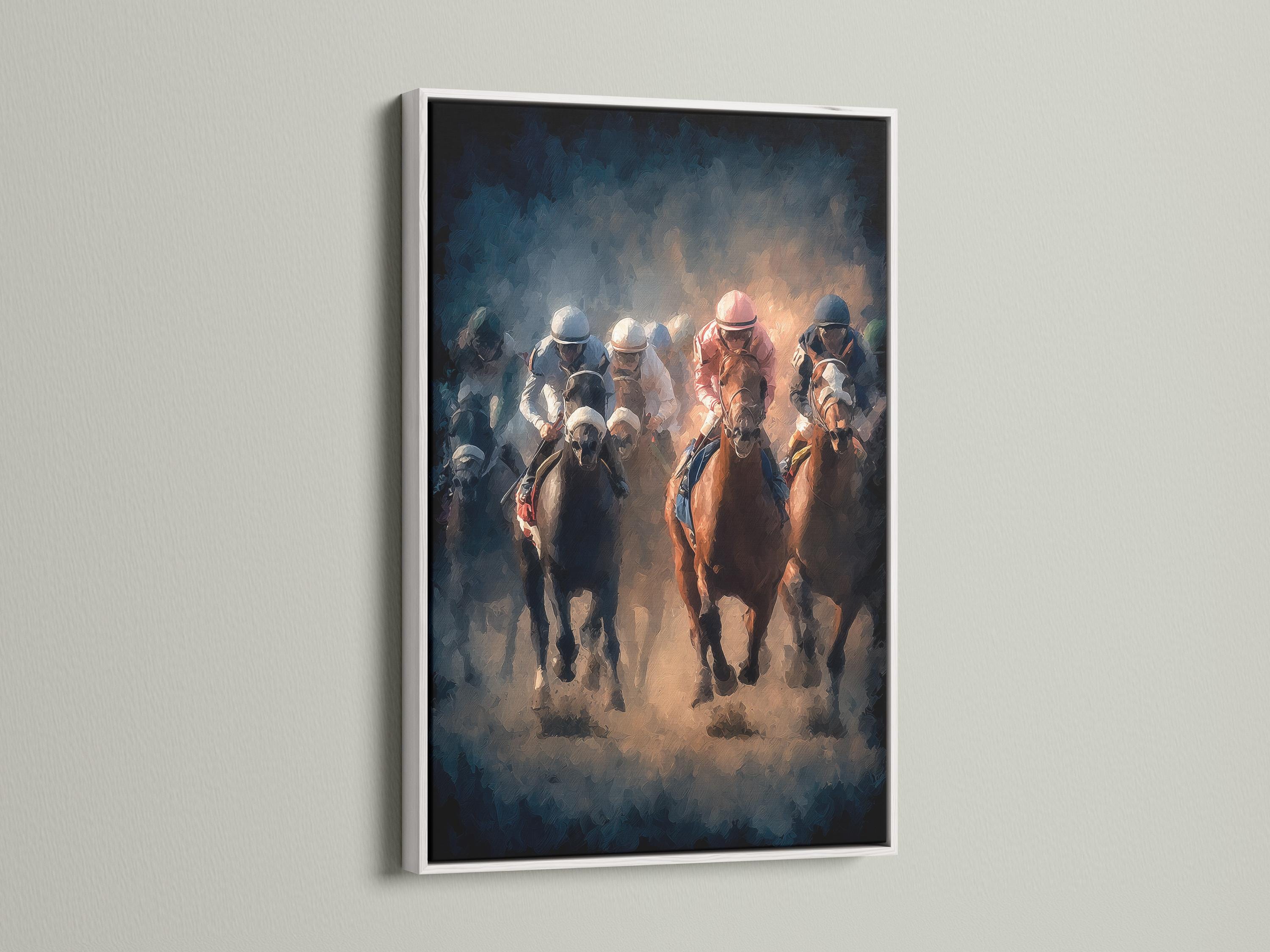Horse racing artwork showing jockeys riding racehorses in smoky blue haze with warm orange highlights detail view