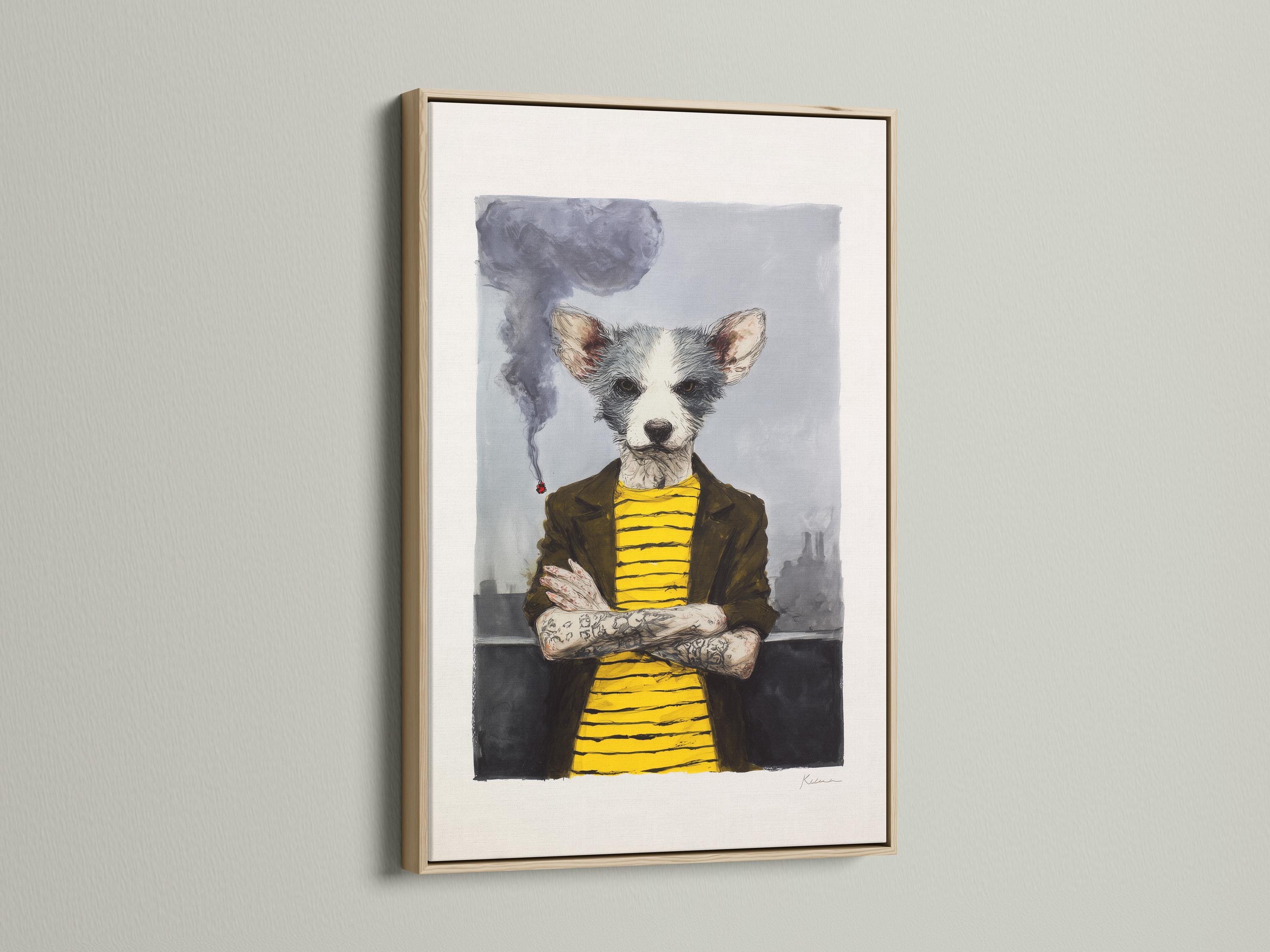 Stylised dog portrait with grey smoke and a bright yellow striped top, seated and facing forward detail view