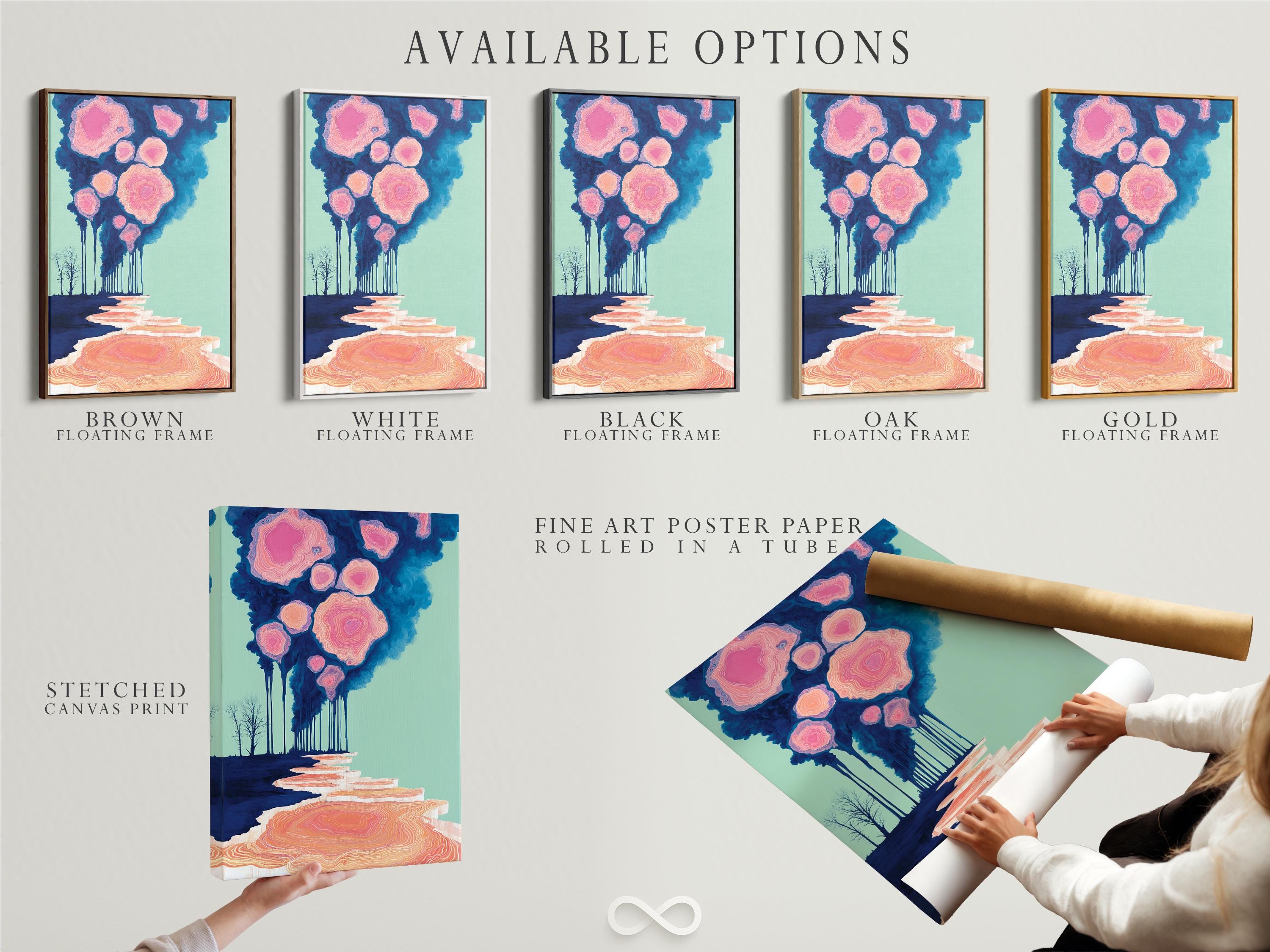Teal and pink abstract forest scene with concentric ring-like forms and drips detail view
