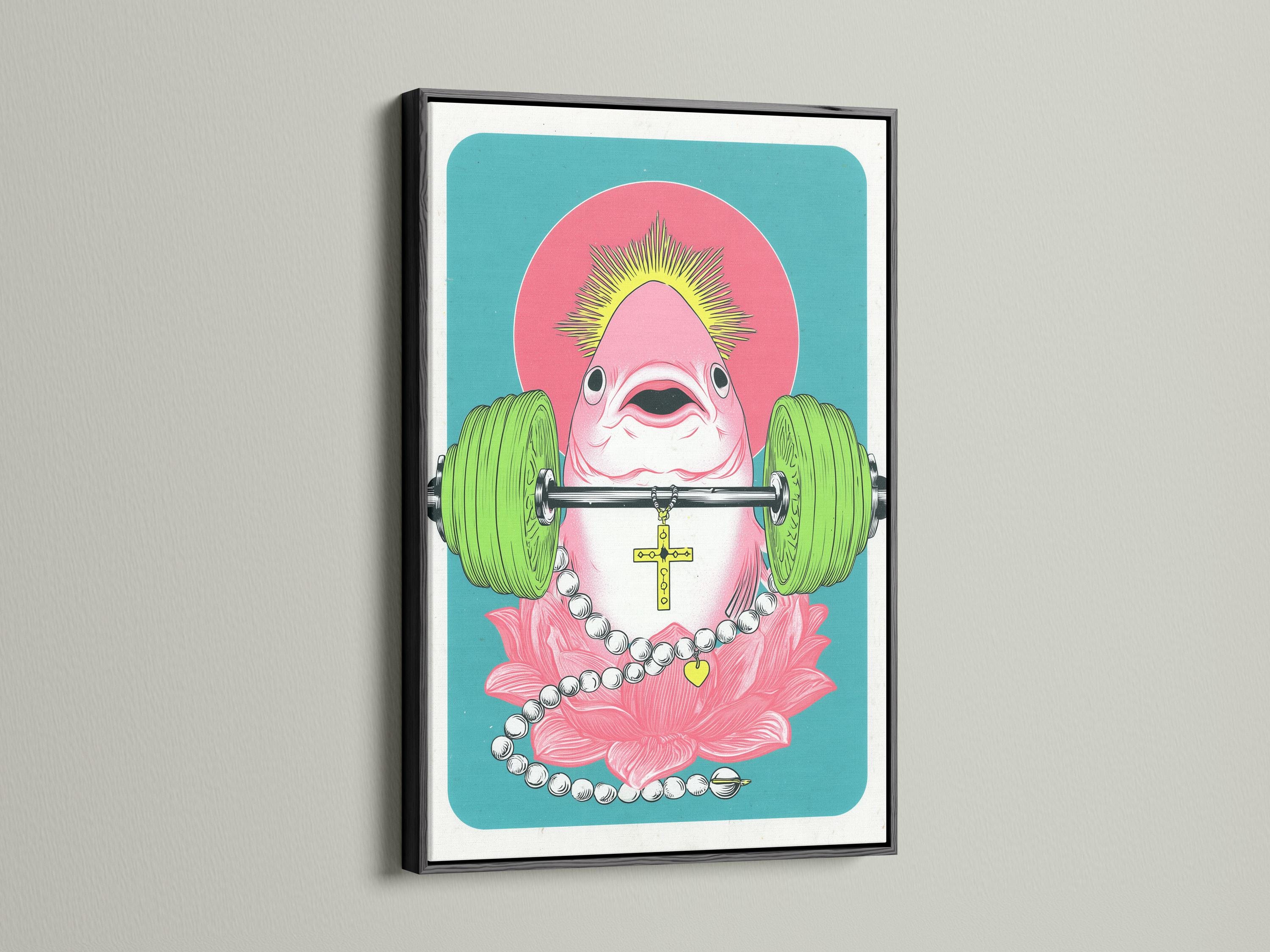 Pop surreal illustration of a pink fish weightlifter holding a barbell with a lotus and yellow cross detail view