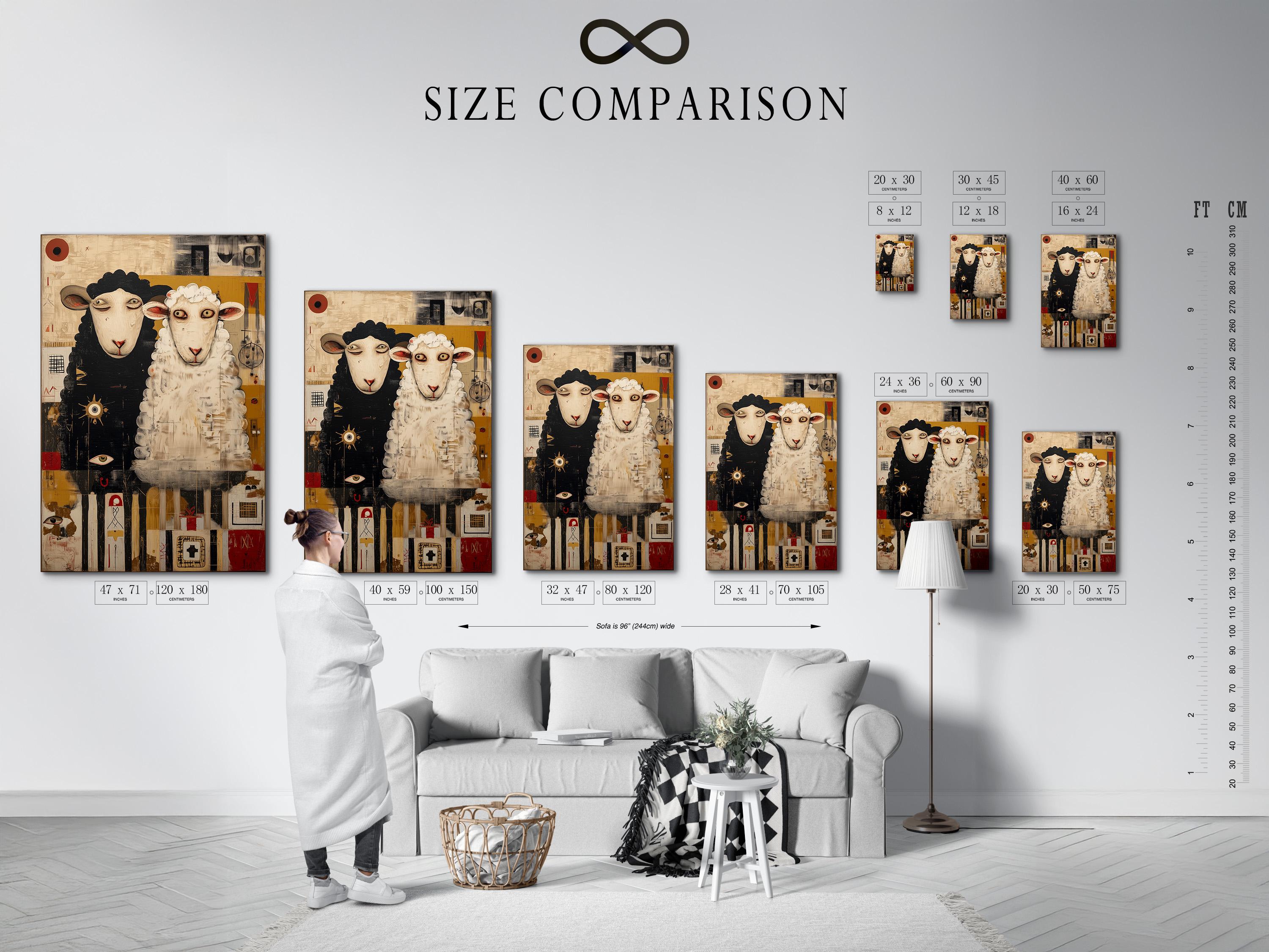 Room mockup showing a framed sheep duo artwork