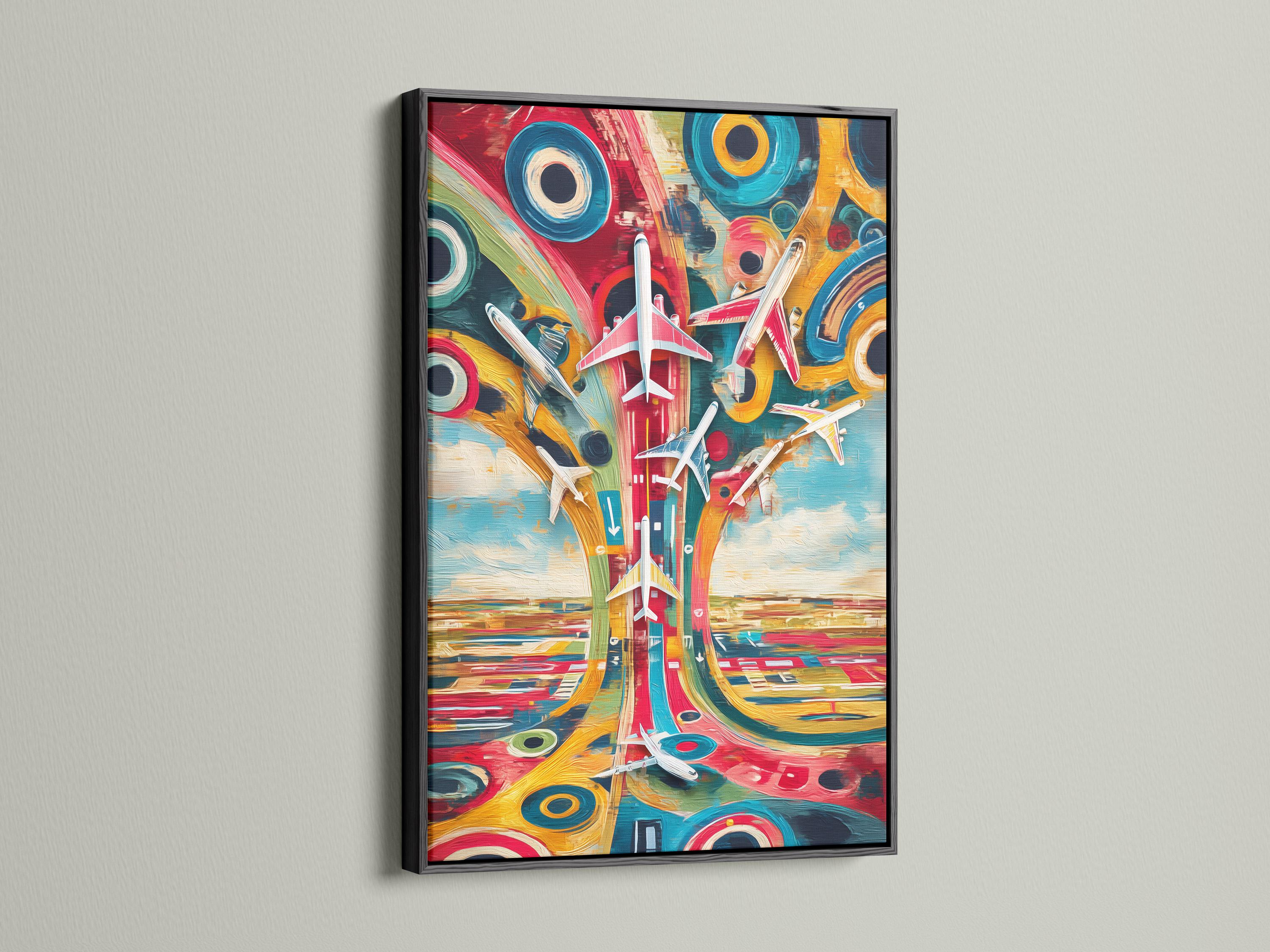 Colourful retro aviation artwork with white airplanes over a teal and pink city background detail view