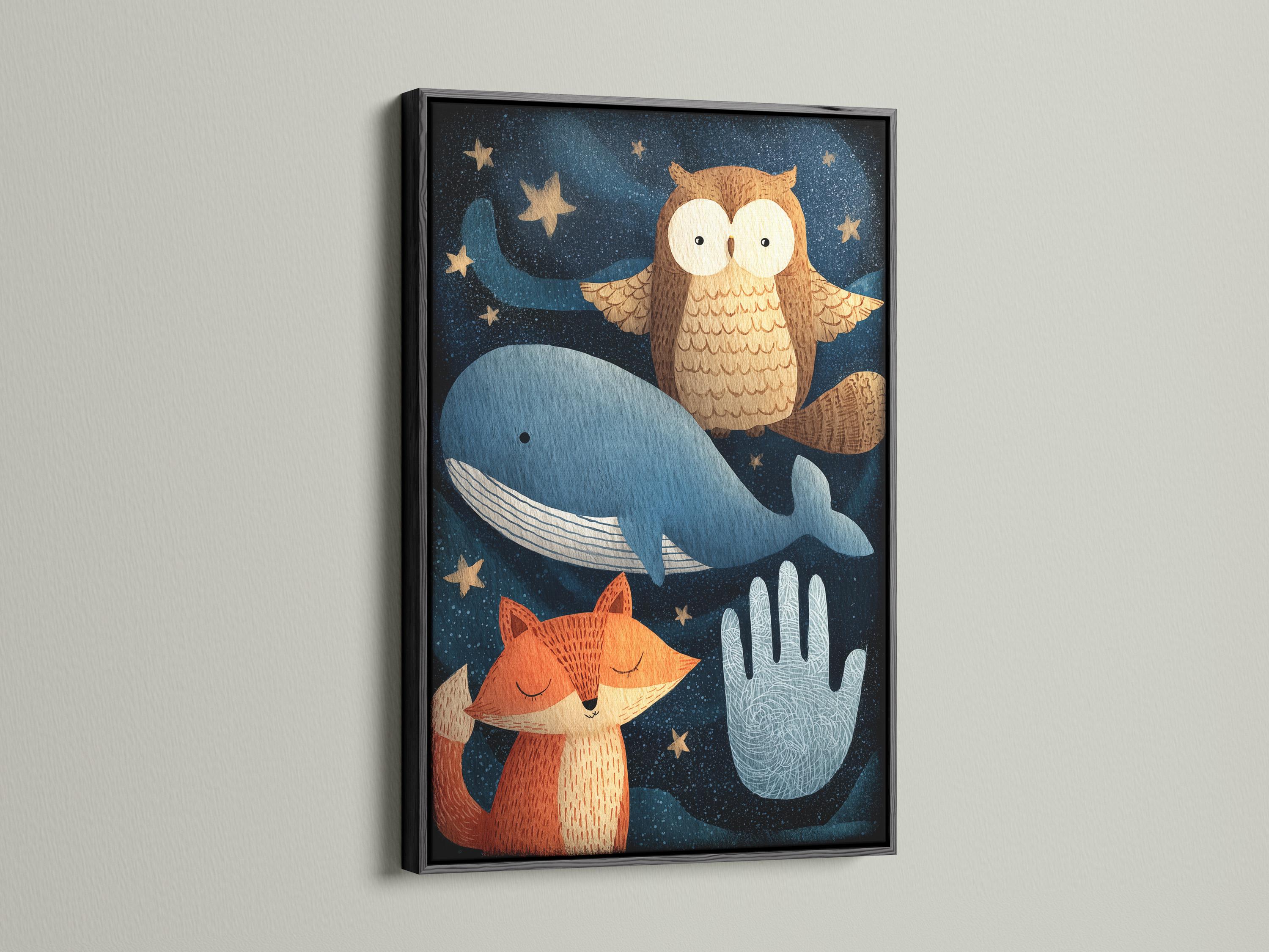 Owl perched above a blue whale with a smiling fox under starry night sky detail view