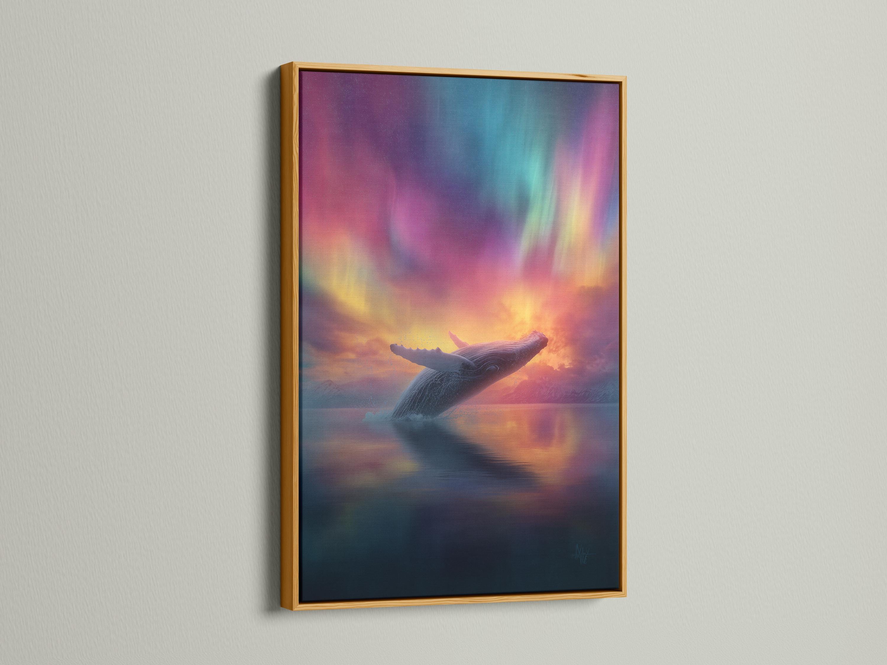 A leaping whale over reflective dark water beneath a pastel aurora sky detail view