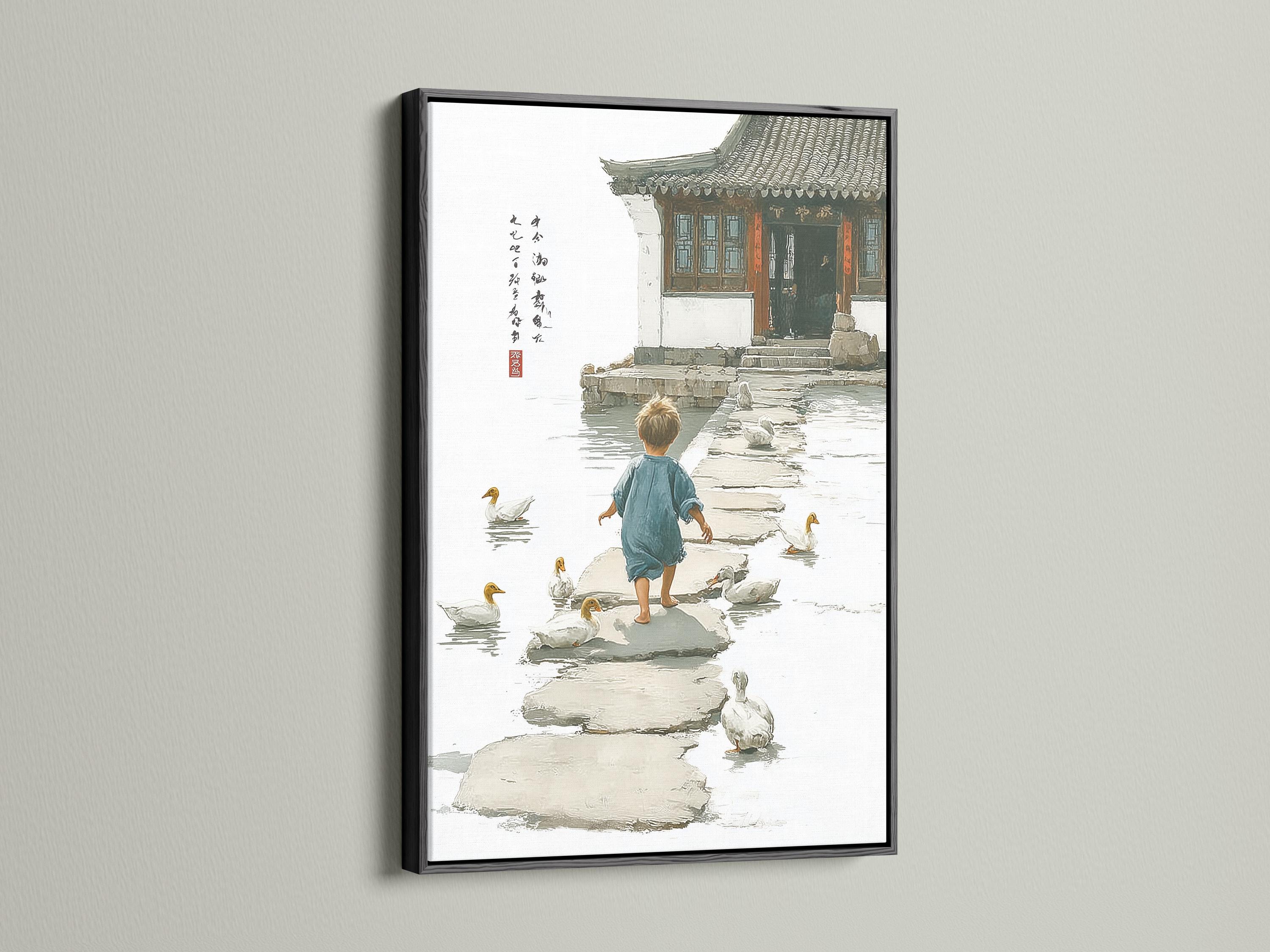 Neutral river scene of a child standing on stepping-stones with ducks in shallow water detail view