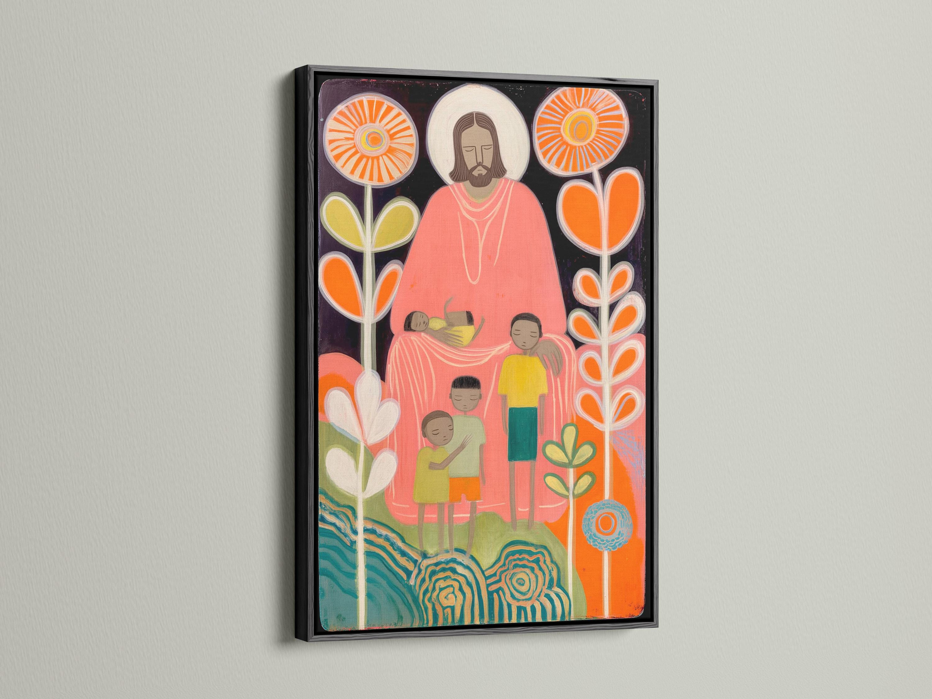 Folk art religious illustration of a haloed bearded figure with children, surrounded by glowing circles and flower stems detail view