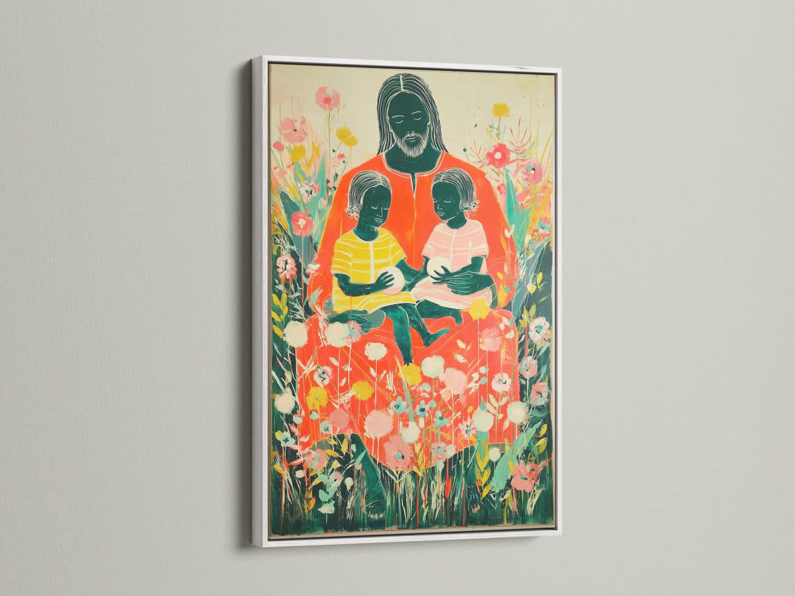 Stylised adult figure holding two children amid dense green foliage and pink, peach and white blossoms detail view