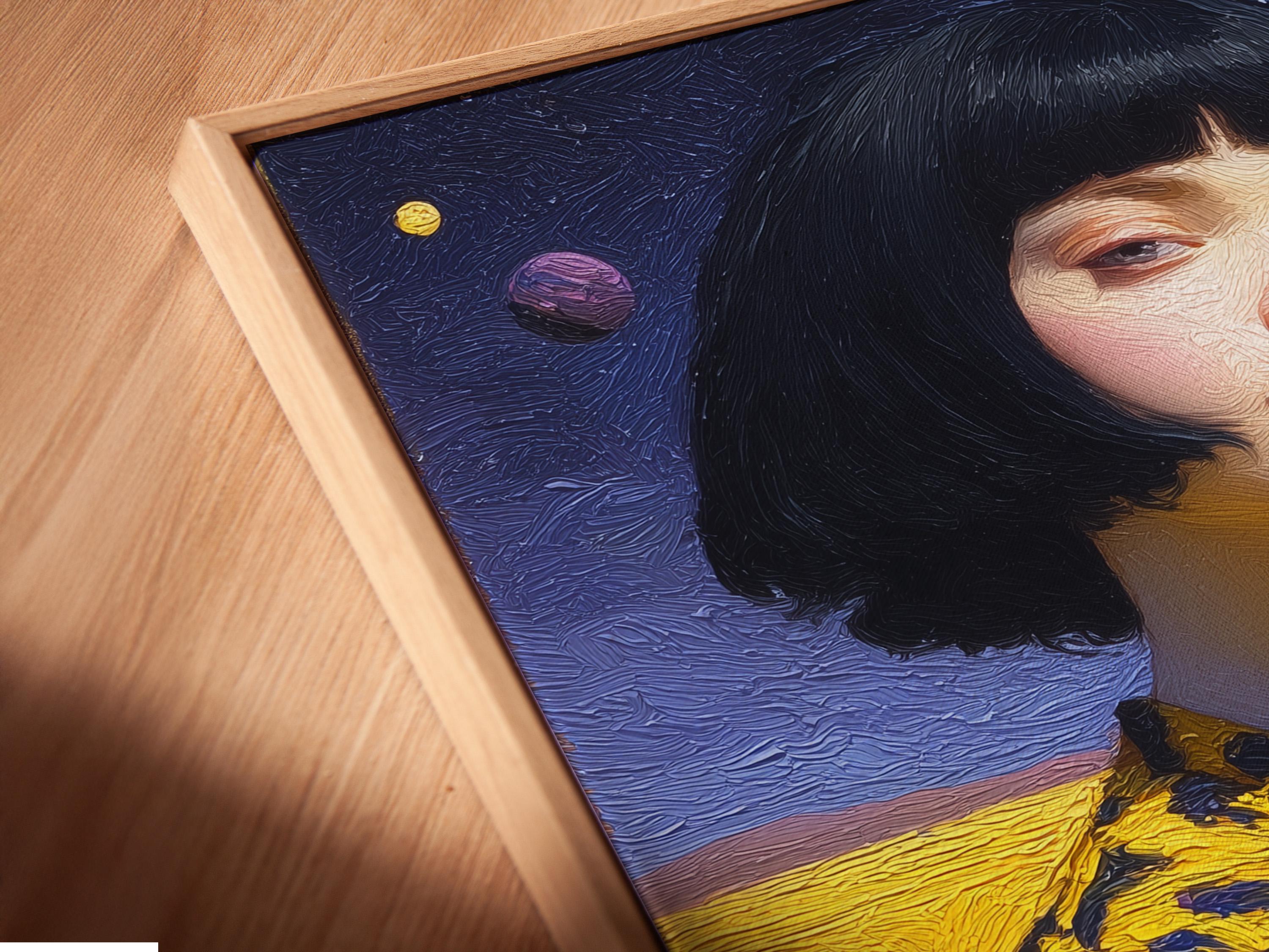 Stylised woman portrait with bob haircut against starry blue sky and golden landscape detail view