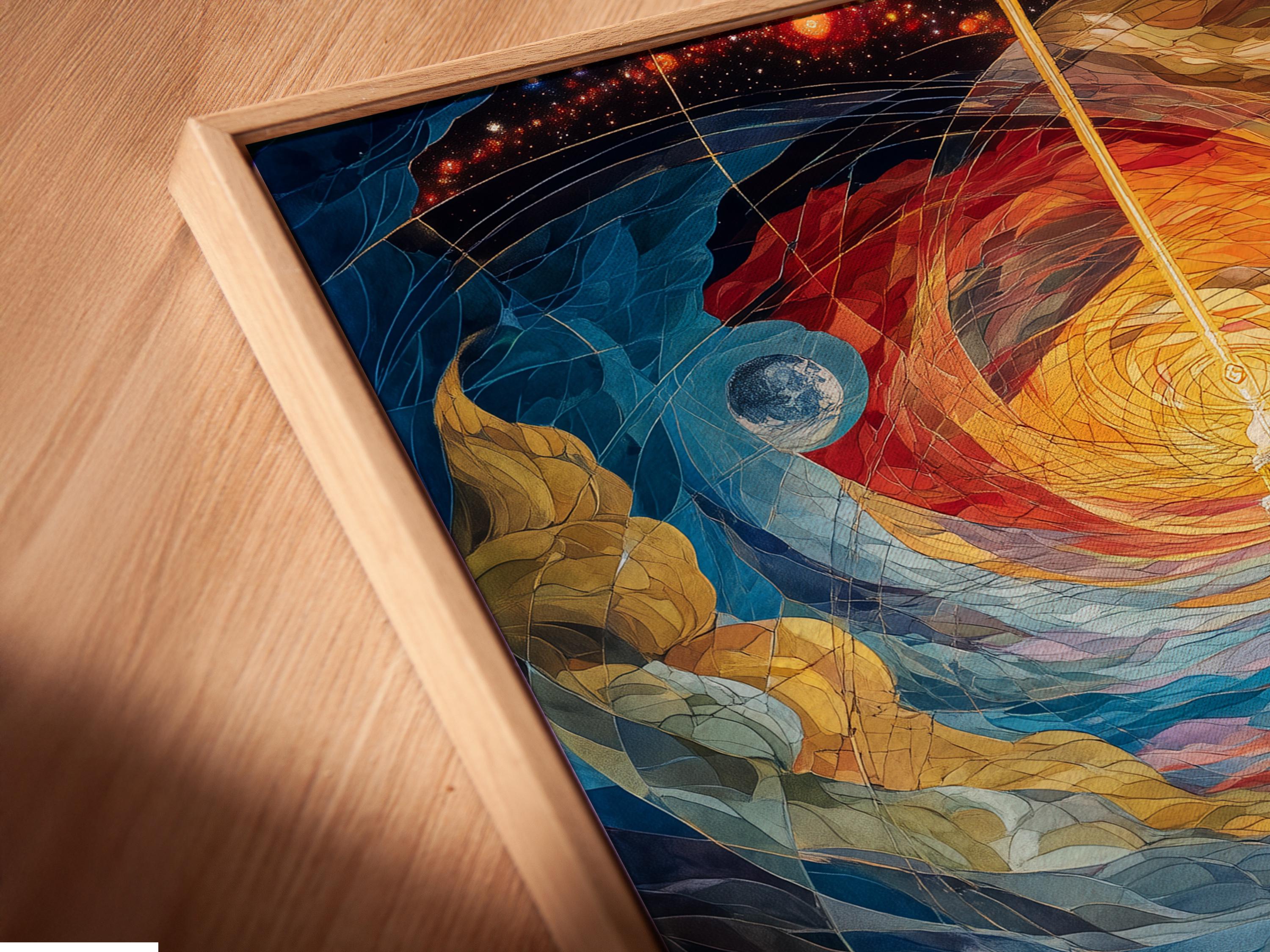 Lighthouse on a coastal shore under a swirling starry sky with glowing warm light detail view