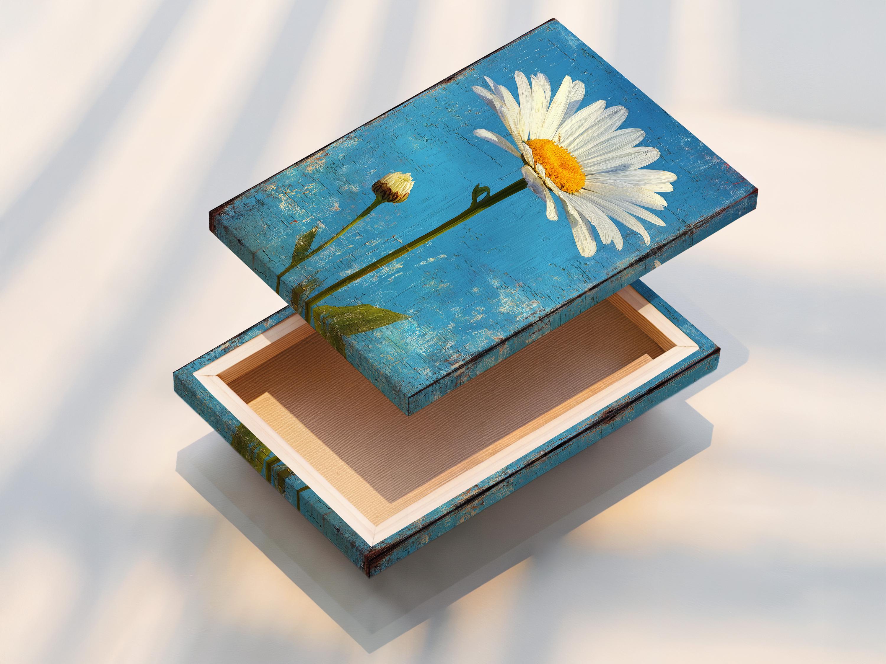 Daisy wall art in a framed mockup on a light background with other frame options