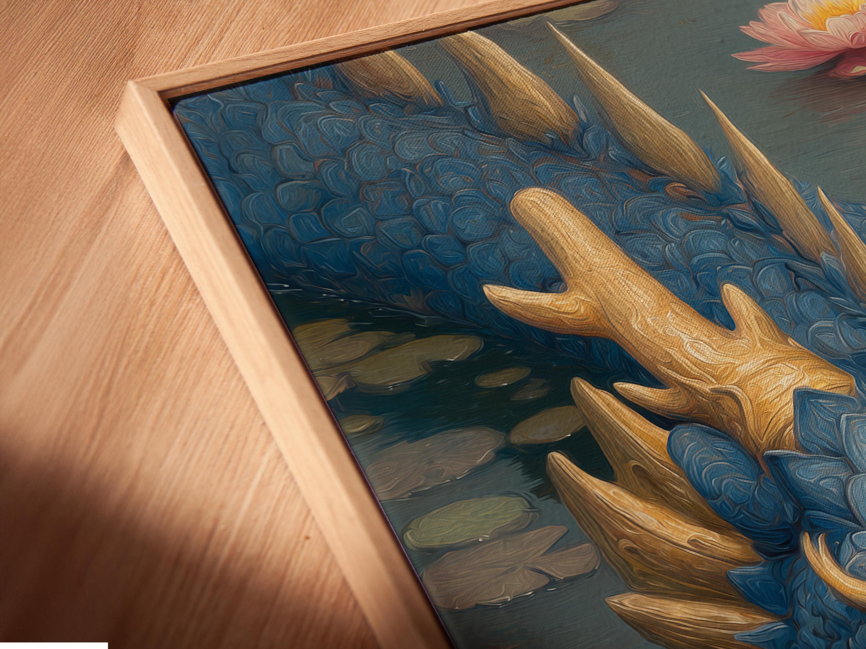 Blue dragon head emerging from dark water with pink lotus flowers and gold horns detail view