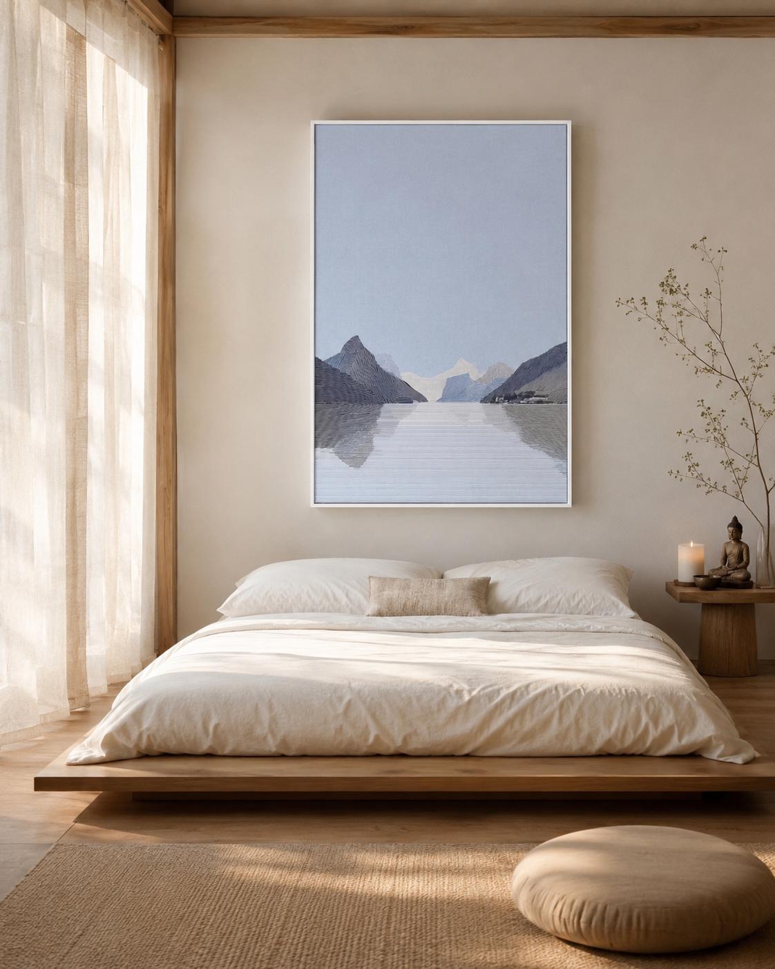 Person viewing an abstract mountain artwork in a modern room mockup