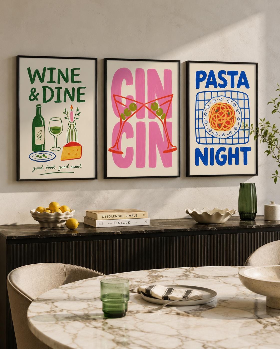 Set of three framed kitchen typography panels: Wine & Dine, Cin Cin and Pasta Night detail view