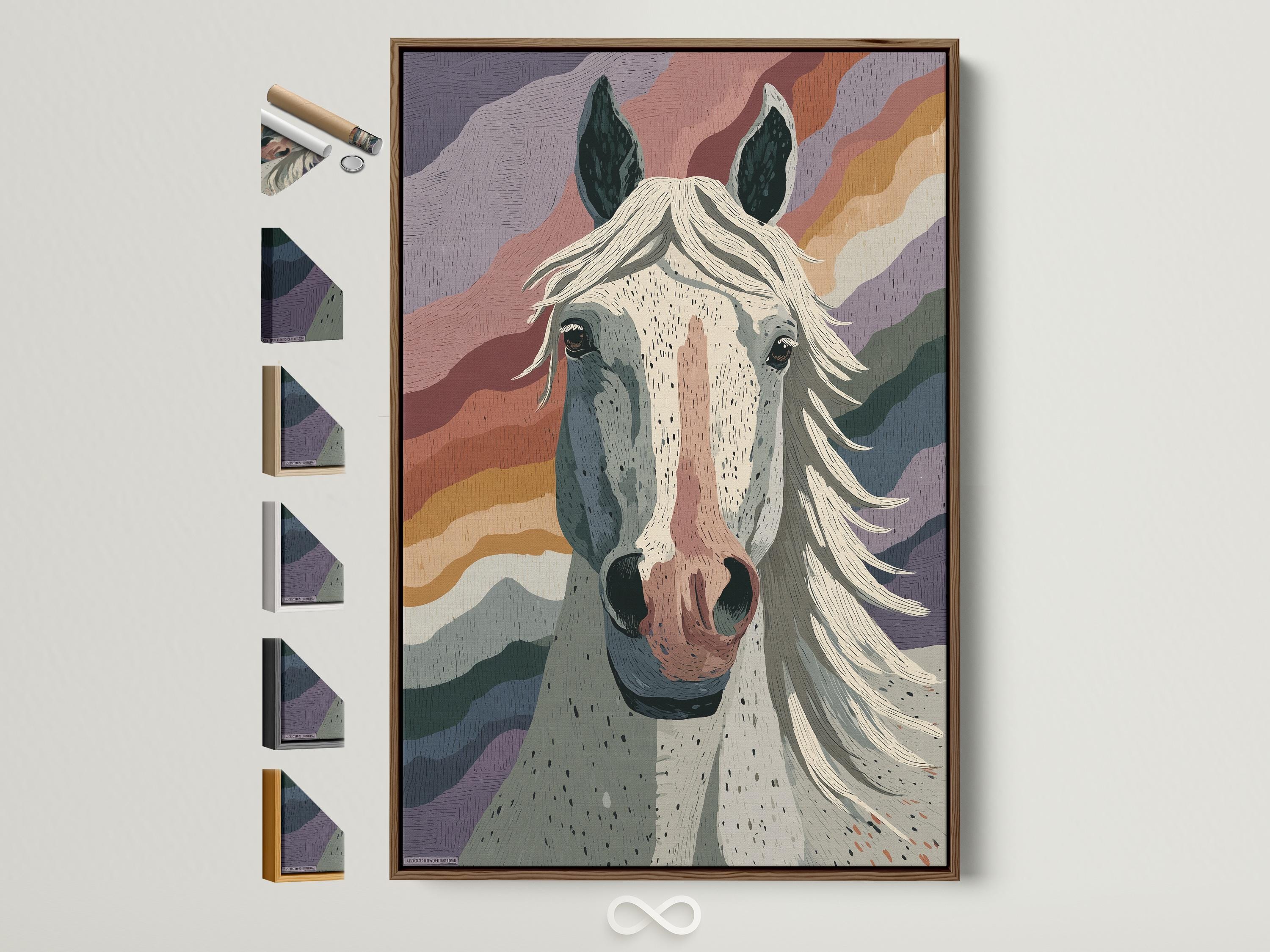 Abstract portrait of a horse head with cream muzzle, dark ears and flowing mane over layered wave-like bands detail view
