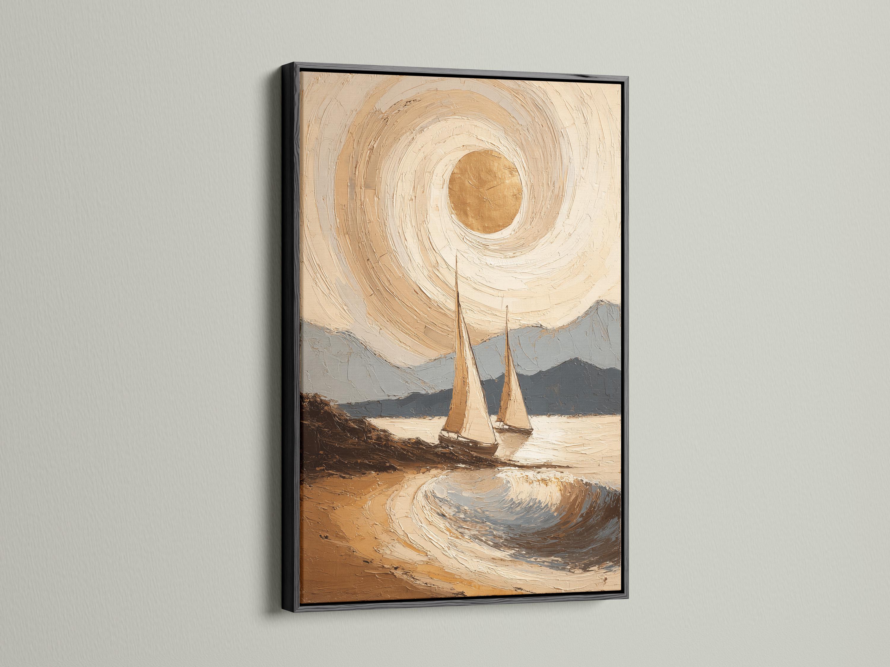 Painterly neutral seascape with a golden sun, swirling clouds, rippling waves and two sailboats detail view