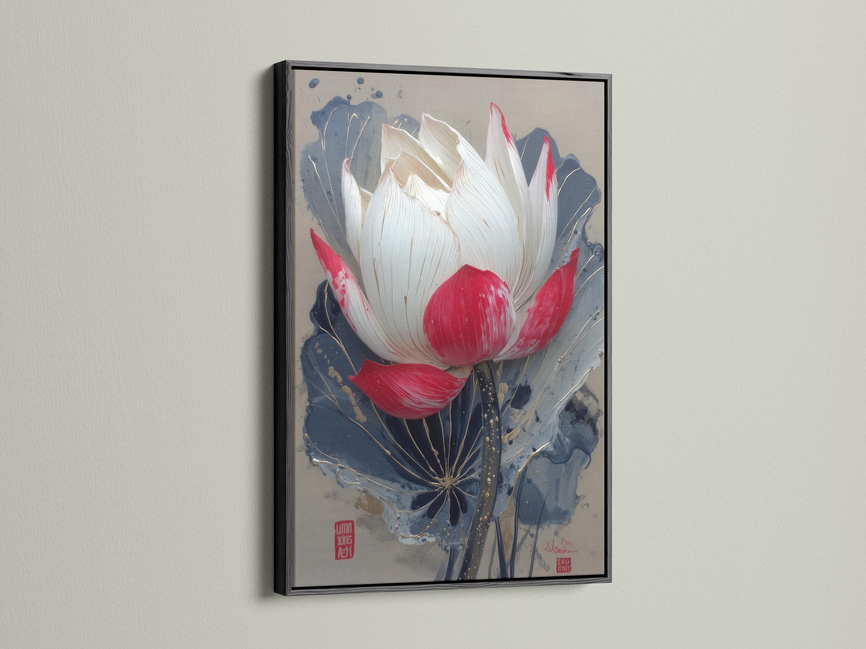 Lotus flower painting with white and red petals over deep blue leaves and gold speckles detail view