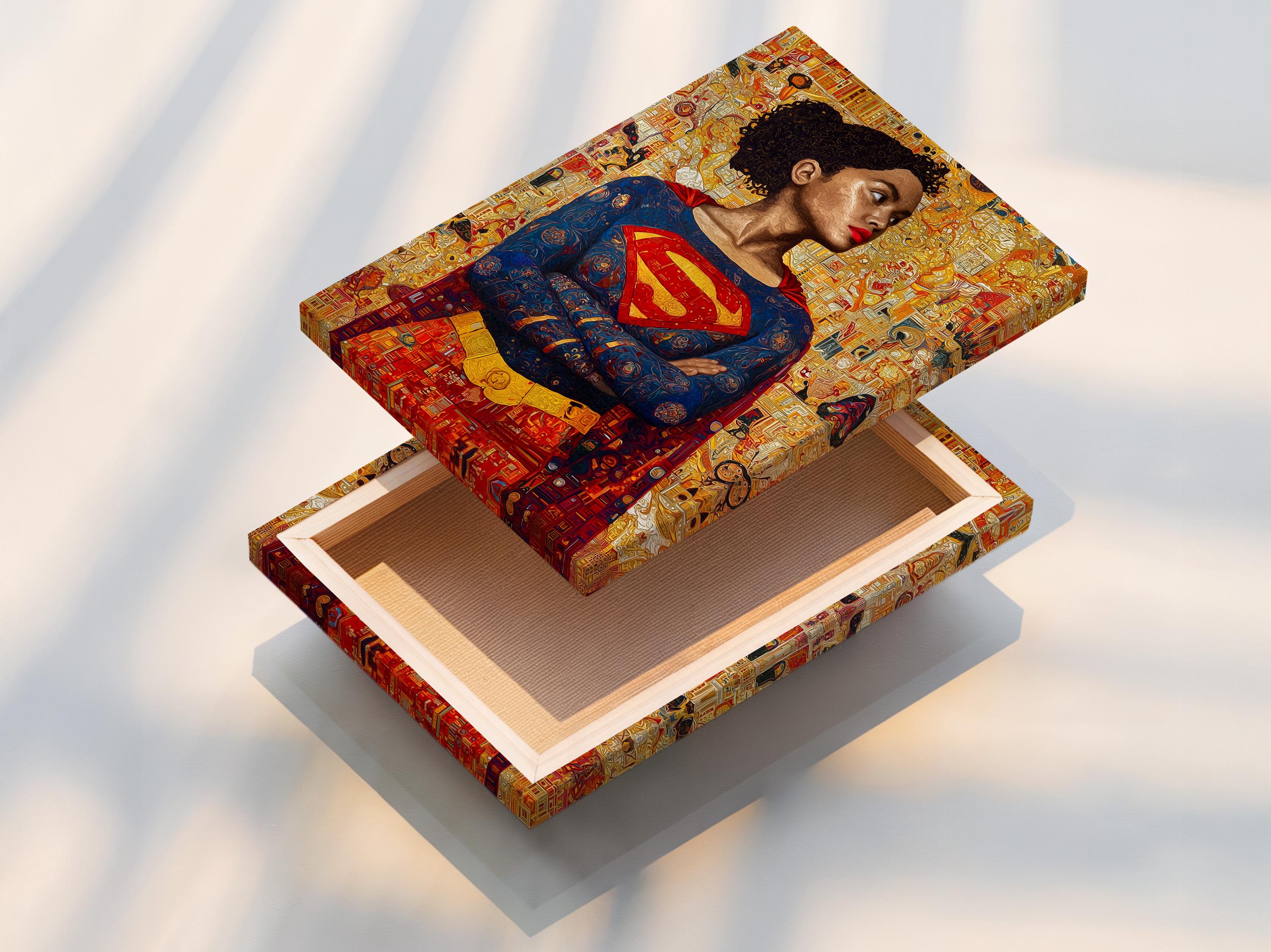 Room mockup showing a framed artwork of a superhero woman portrait on a wall