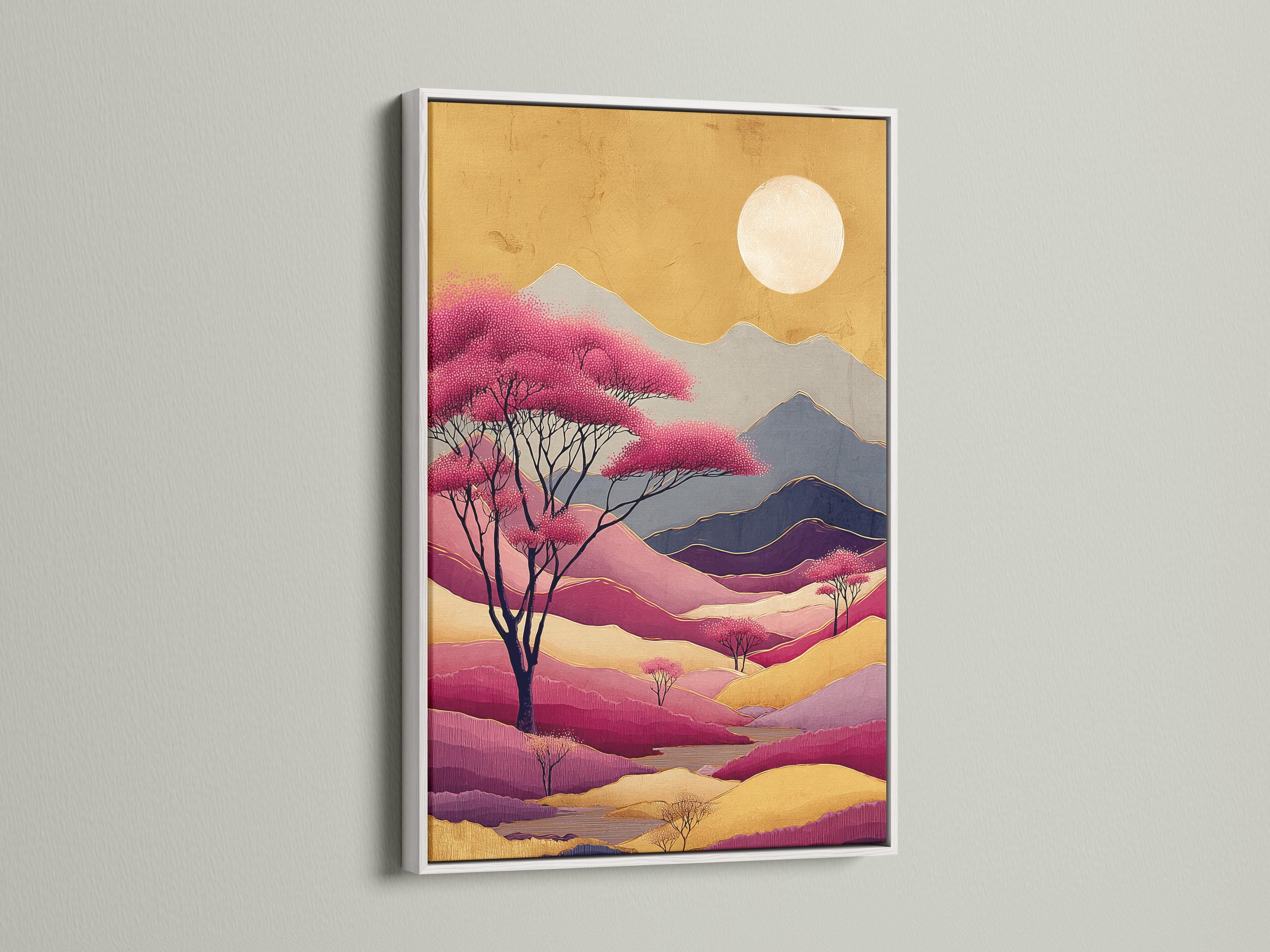 Painterly mountain landscape with blush-pink blossom trees, layered ridges and a pale moon in warm gold tones detail view
