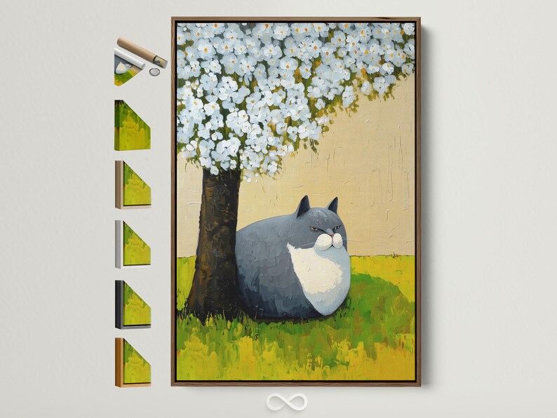 Grey and white cat lying on green grass beneath a tree with white blossoms