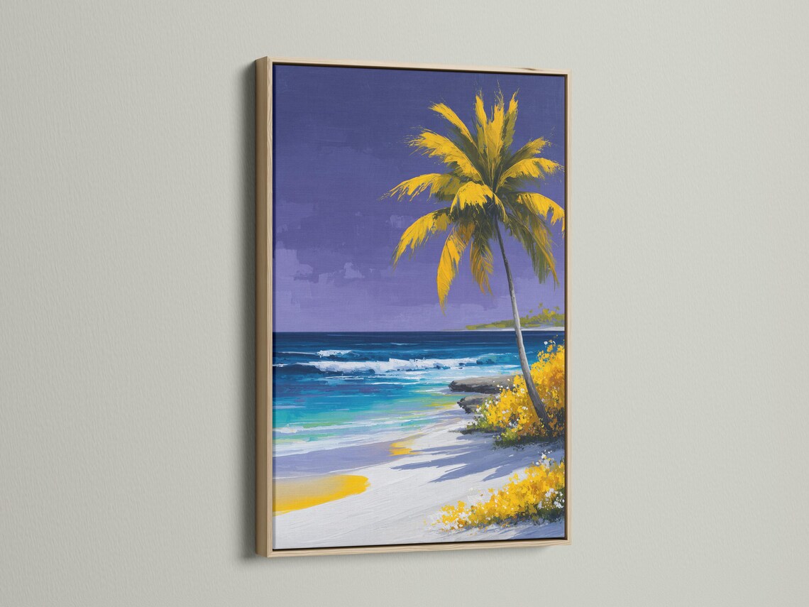Painterly palm tree on a tropical beach with purple-blue sky and turquoise ocean detail view
