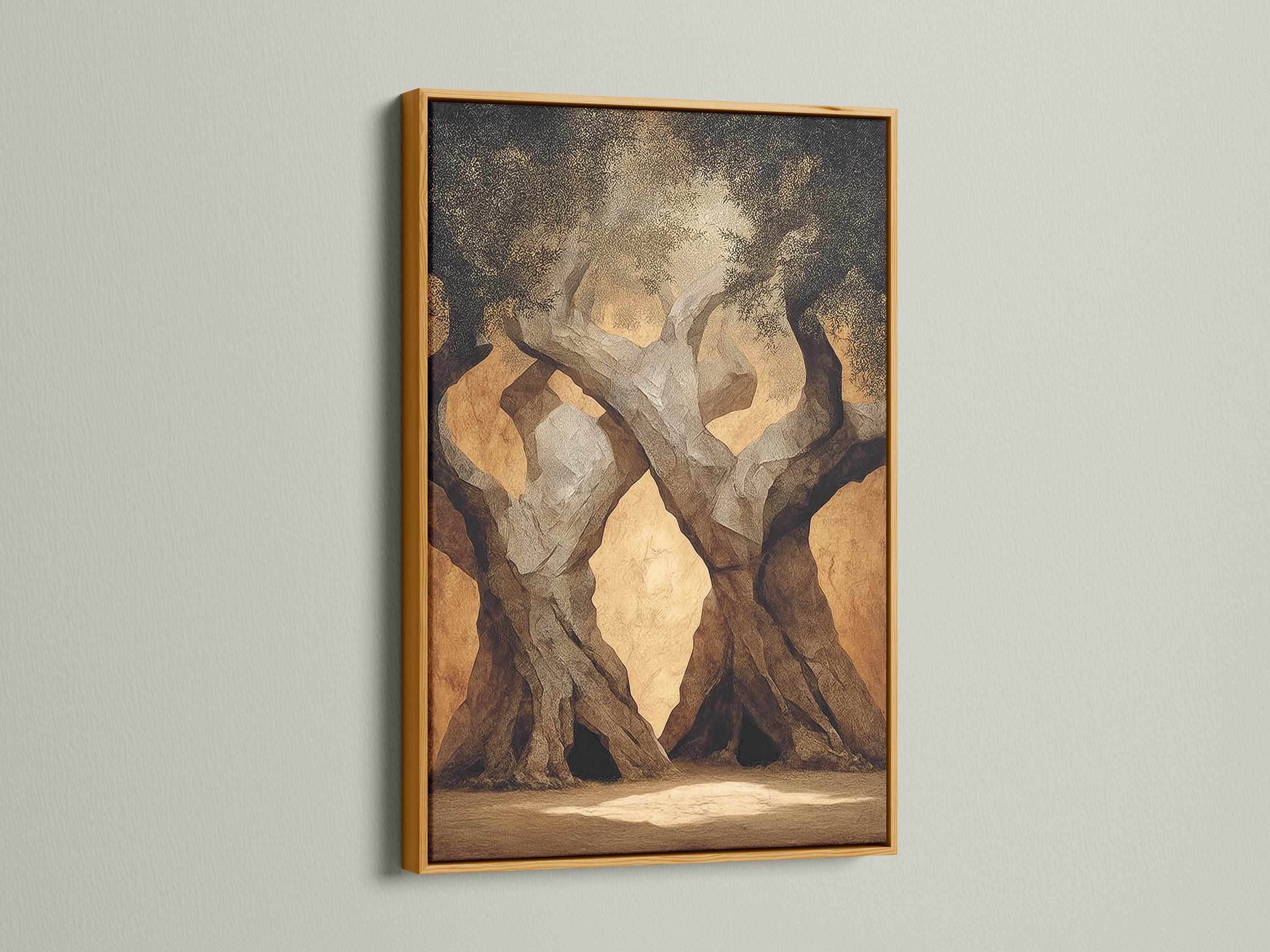 Textured earth-toned landscape with twisted tree trunks and sandy ground detail view