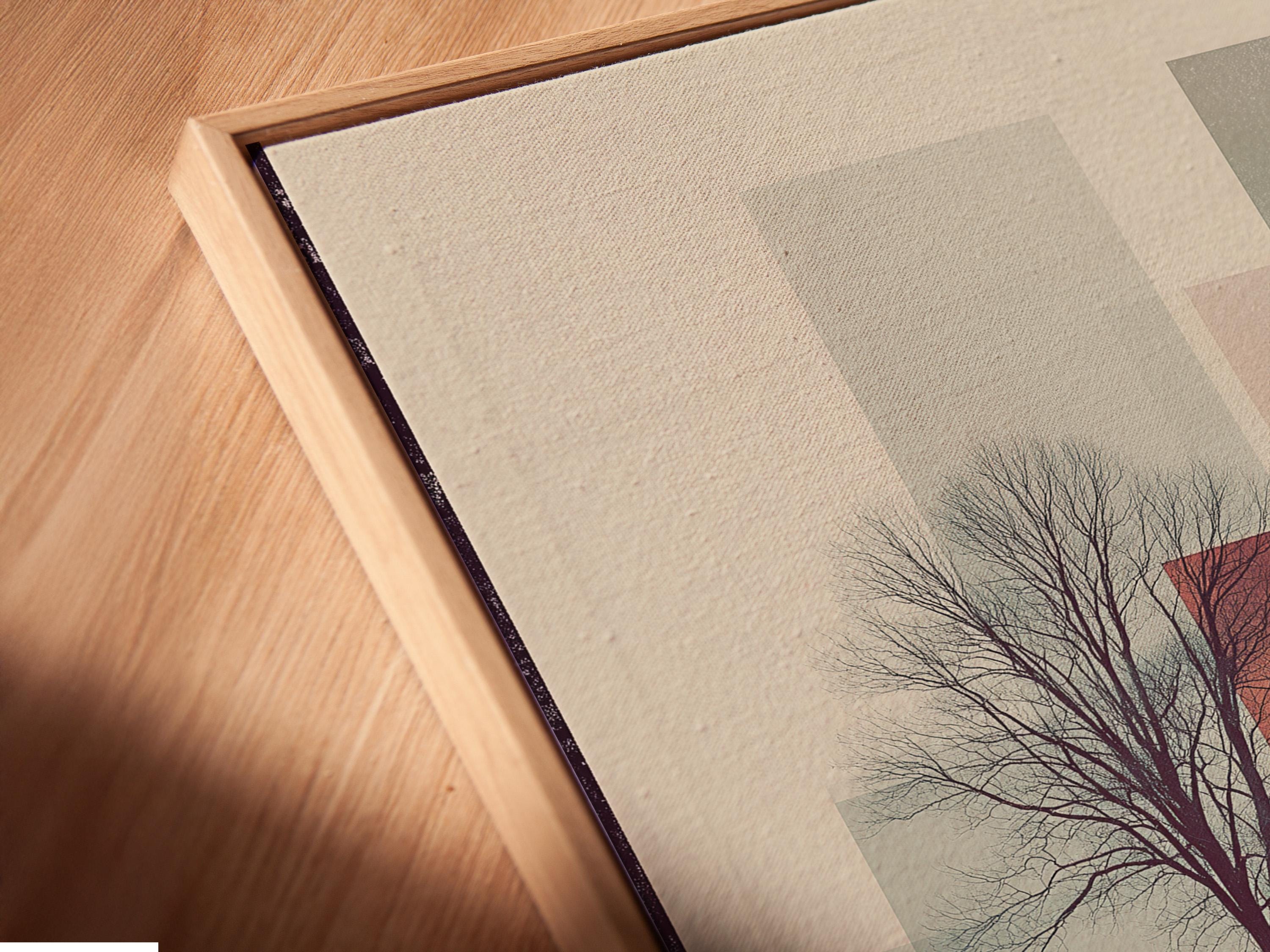 Beige abstract geometric landscape with a leafless tree and a walking figure detail view