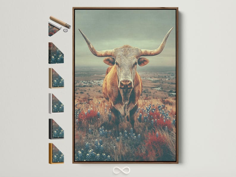 Longhorn cow standing in a countryside landscape with red and blue flowers under a muted green sky