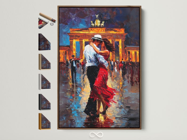 Painterly night cityscape showing a dancing couple with warm glowing buildings, blue shadows and red accents