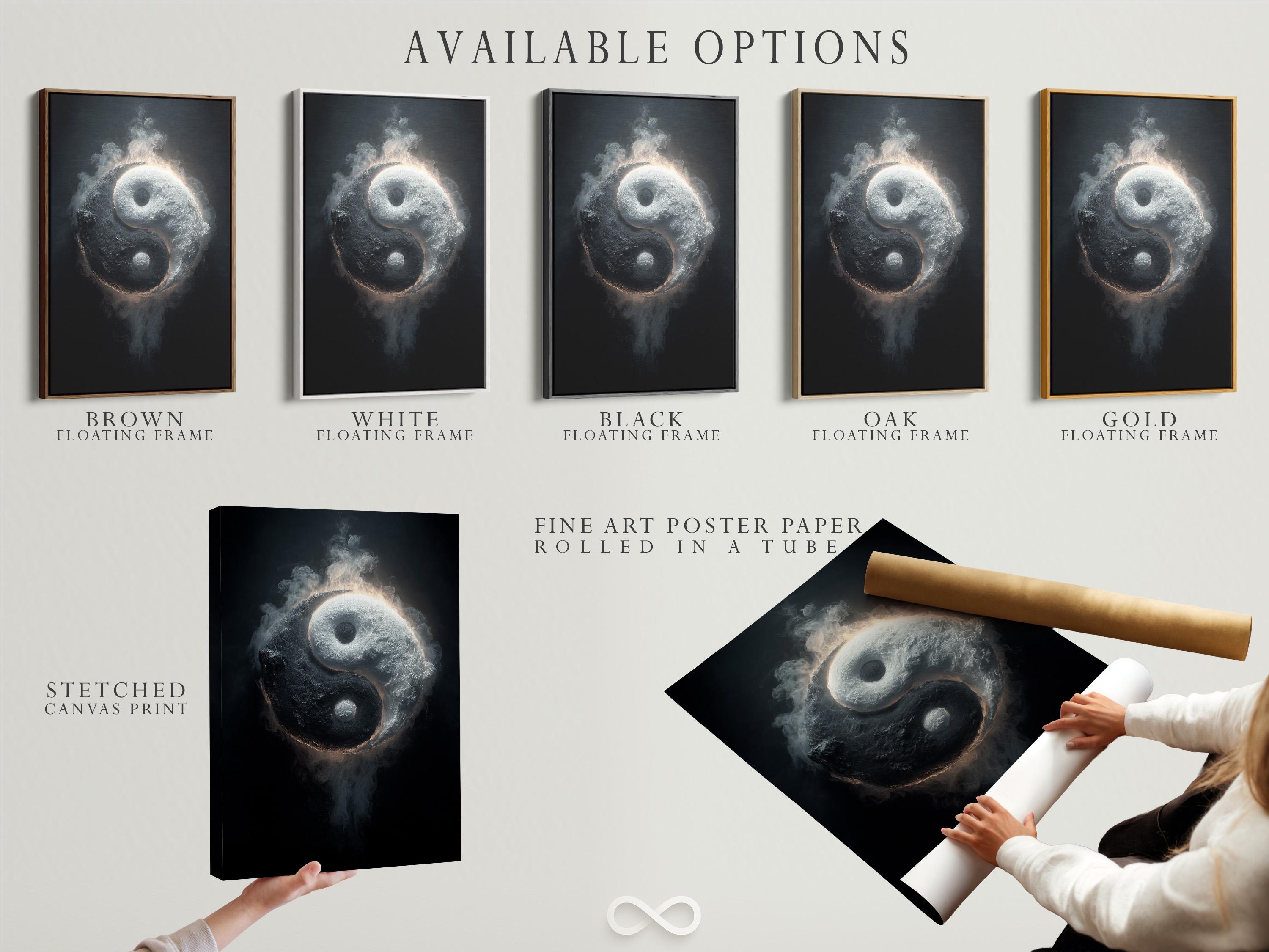 Monochrome yin yang symbol with smoky swirling texture and a glowing rim on a dark background detail view