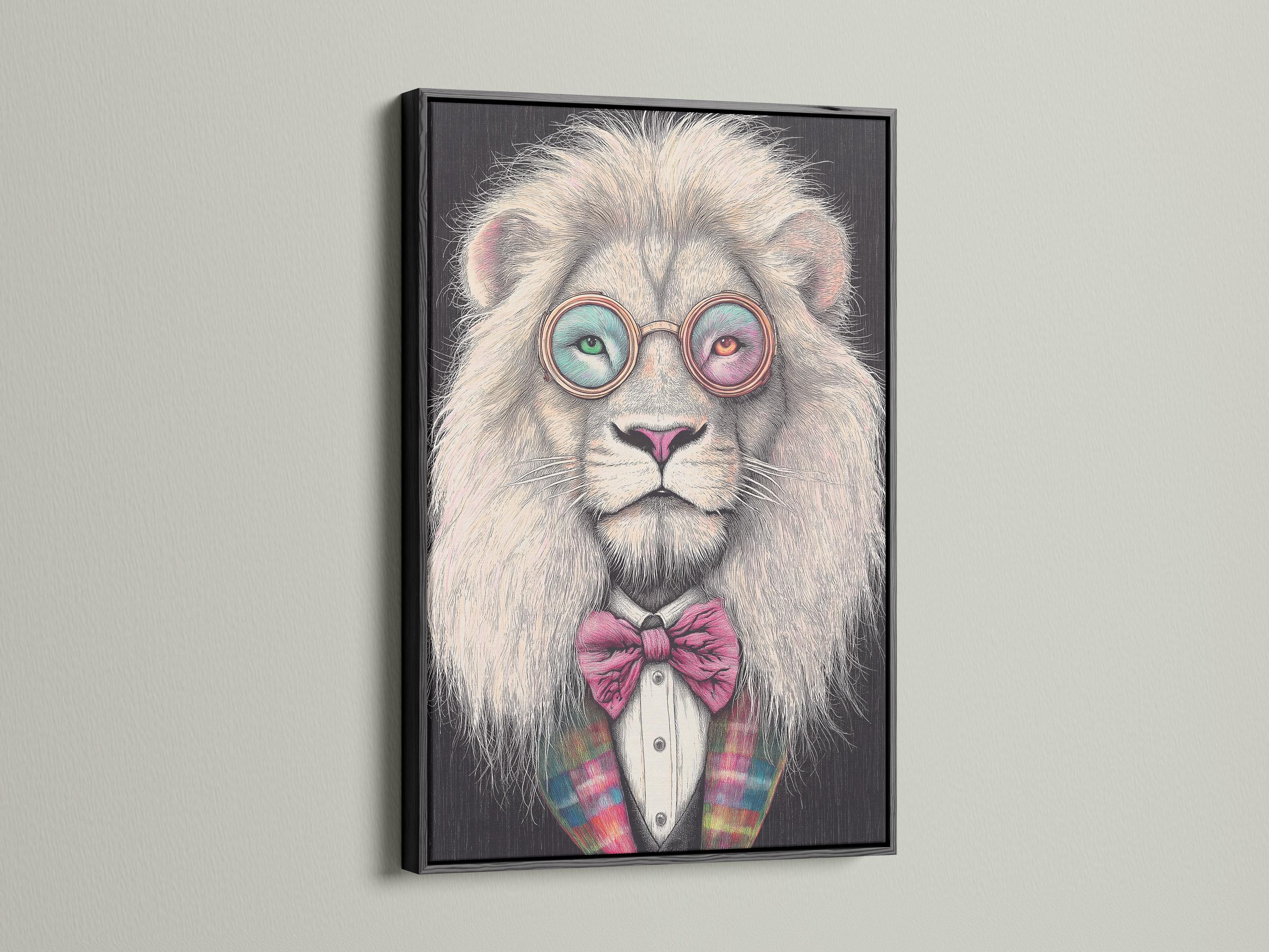 Stylised lion portrait with round glasses and a pink bow tie detail view