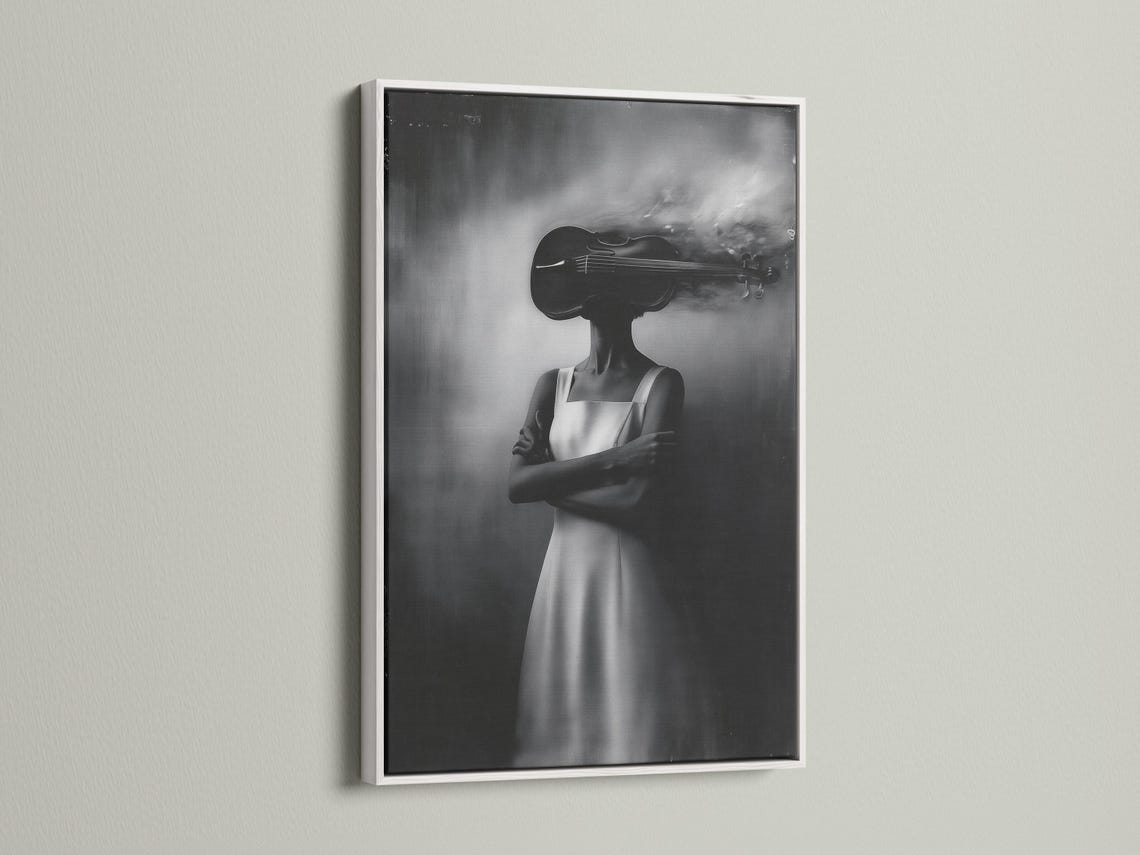 Monochrome double-exposure portrait of a woman holding a violin detail view
