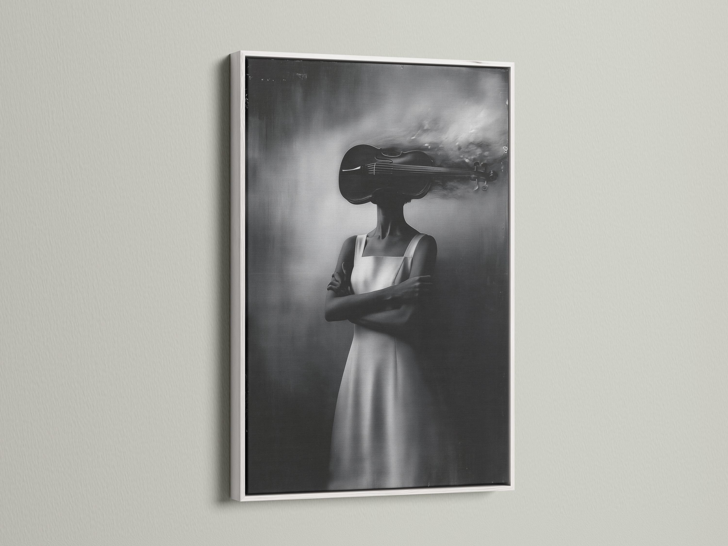 Monochrome double-exposure portrait of a woman holding a violin detail view