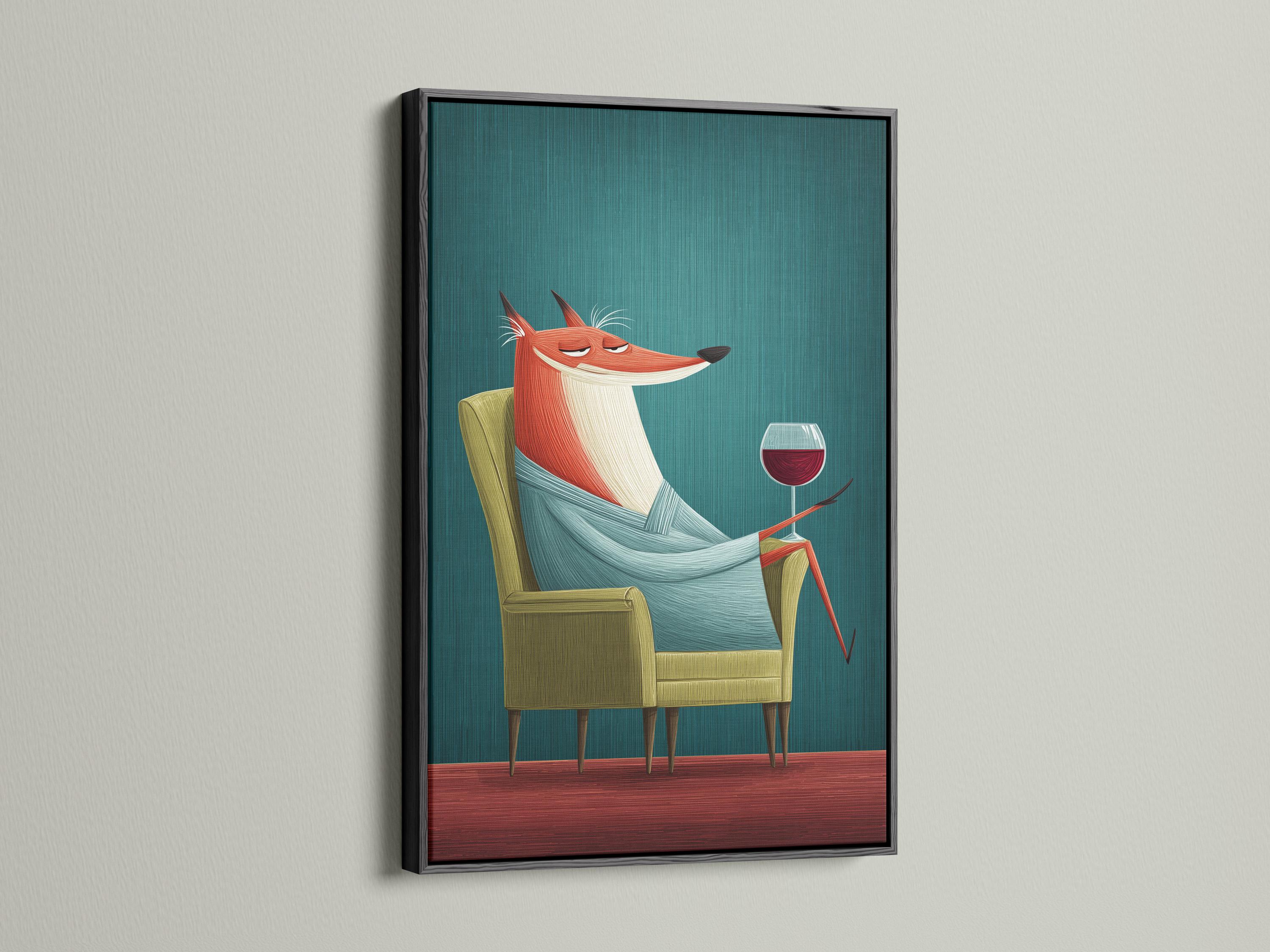 Fox wall art mockup showing a fox with a wine glass on a teal background