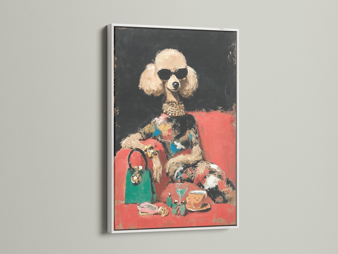 Stylised dog portrait with dark sunglasses, gold collar accents and coral and teal colour blocks detail view