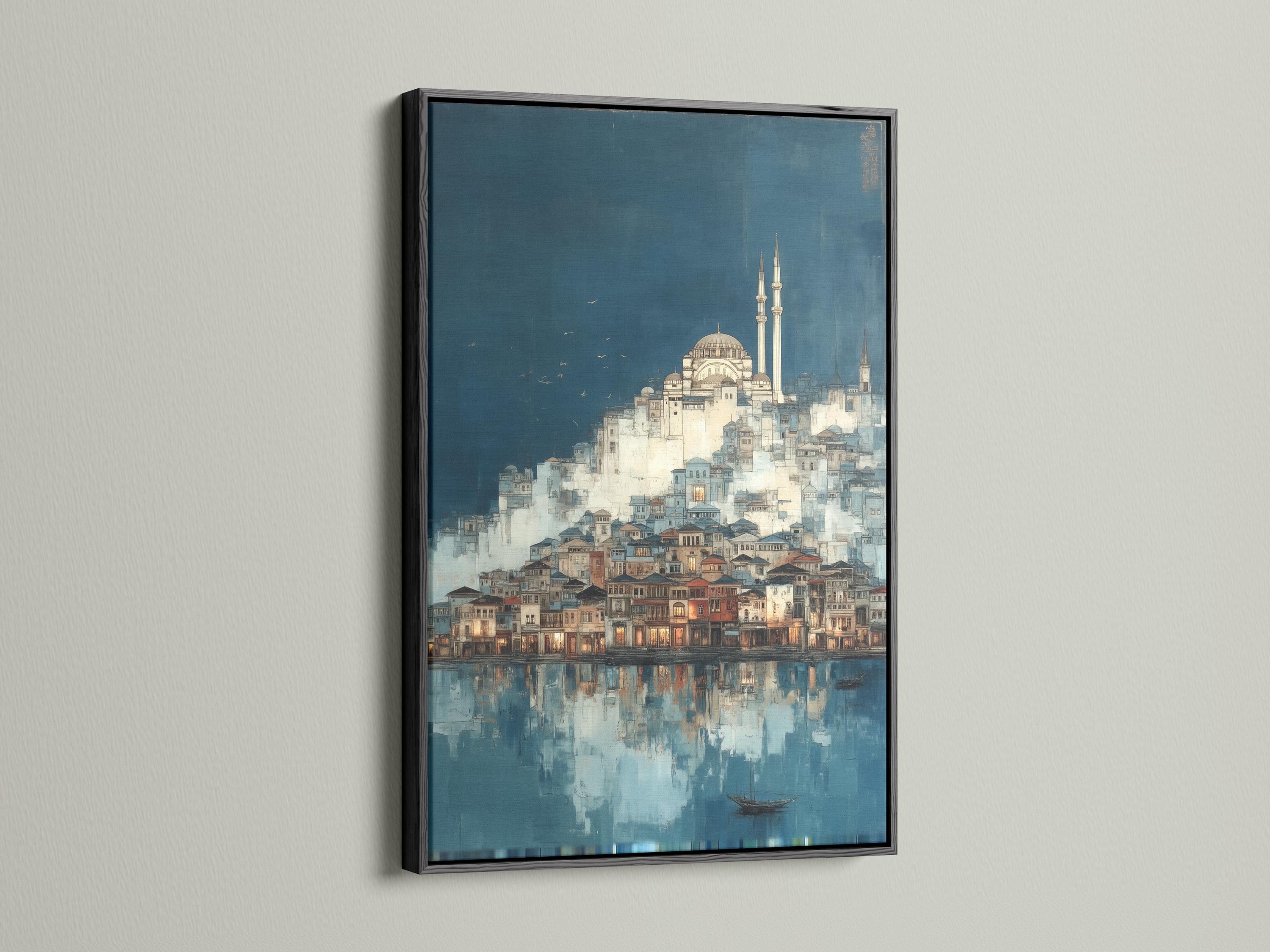 Room mockup with a framed blue cityscape mosque artwork on a wall