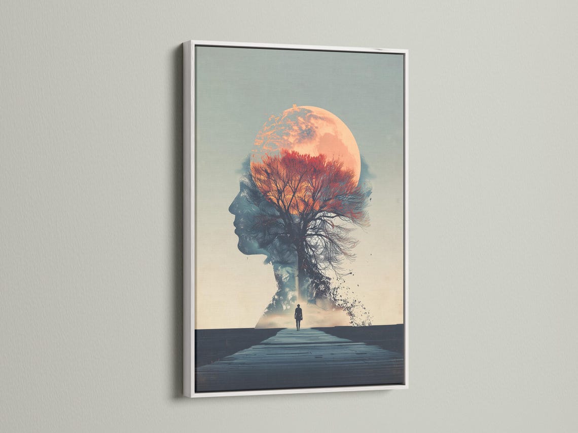 Surreal double exposure of a woman silhouette with a moonlit tree and a small figure on a path detail view