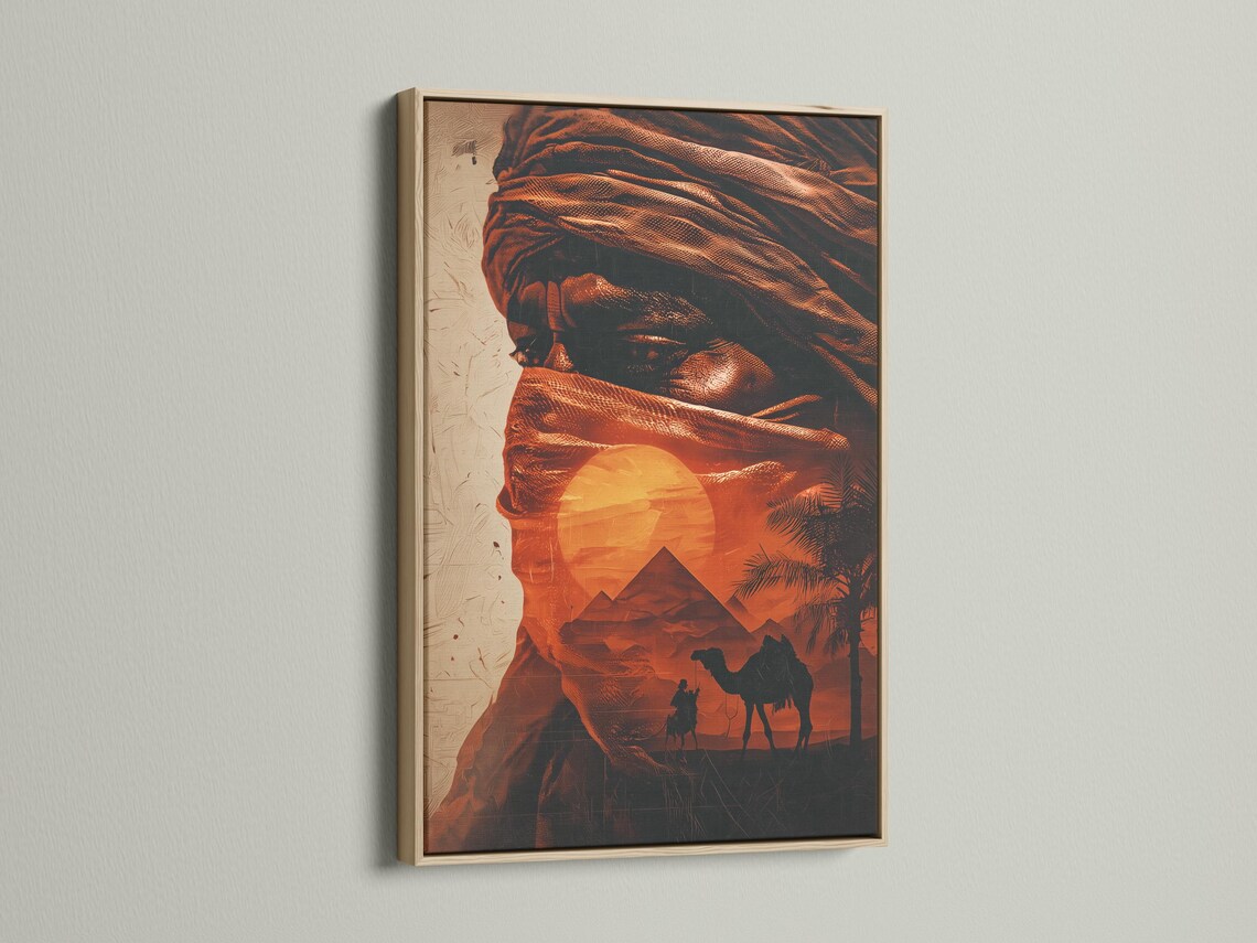 Desert camel caravan scene with a nomad figure, pyramids and palm fronds at sunset detail view