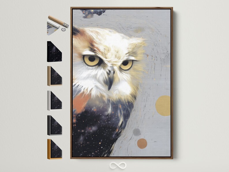 Stylised owl portrait with grey feathers, warm gold eyes, and speckled star-like background