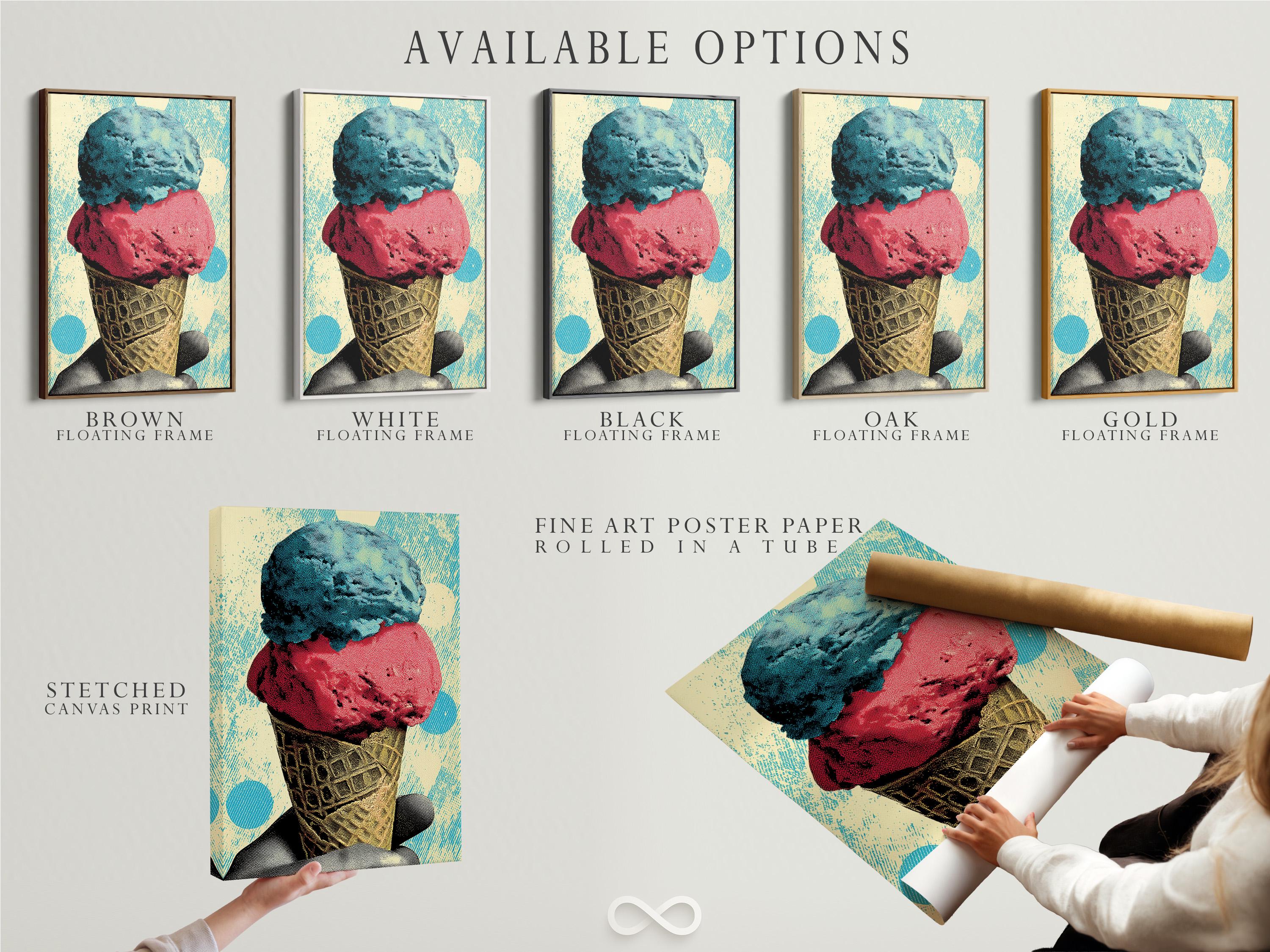 Pop-art ice cream cone illustration with turquoise and coral scoops and a patterned cone detail view