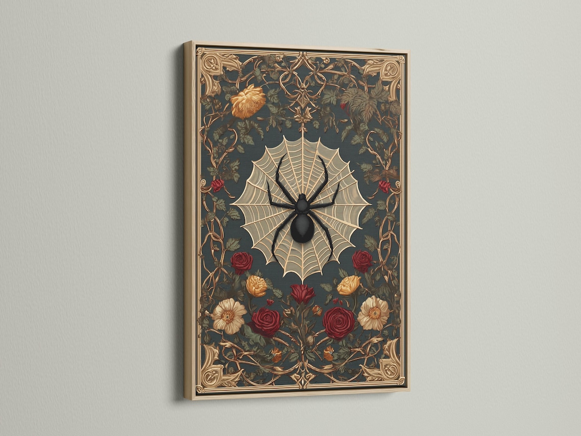 Gothic spider web and roses artwork shown in a mockup with hanging views
