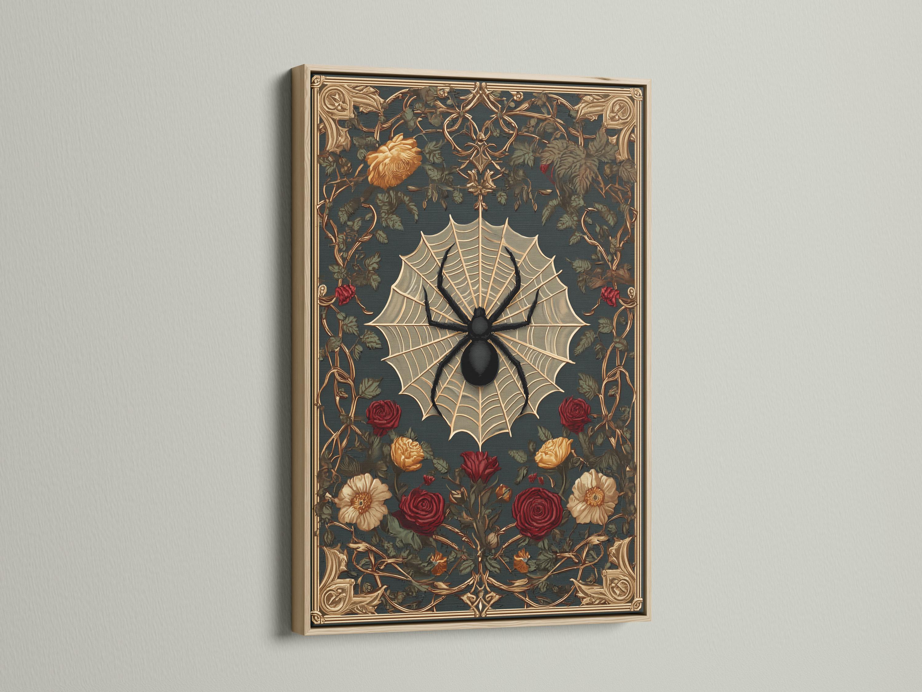 Gothic spider web and roses artwork shown in a mockup with hanging views