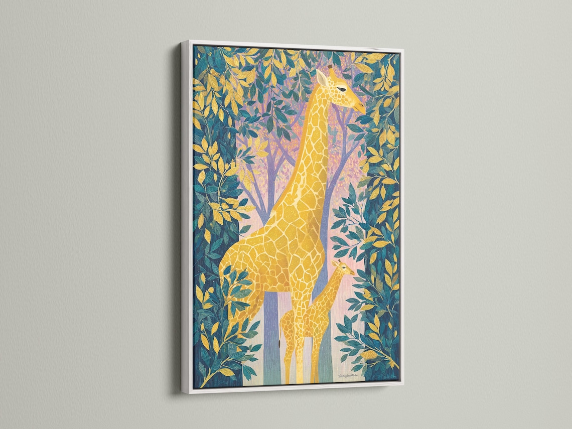 Artwork mockup showing a framed illustration of a giraffe with tropical foliage and tree trunks